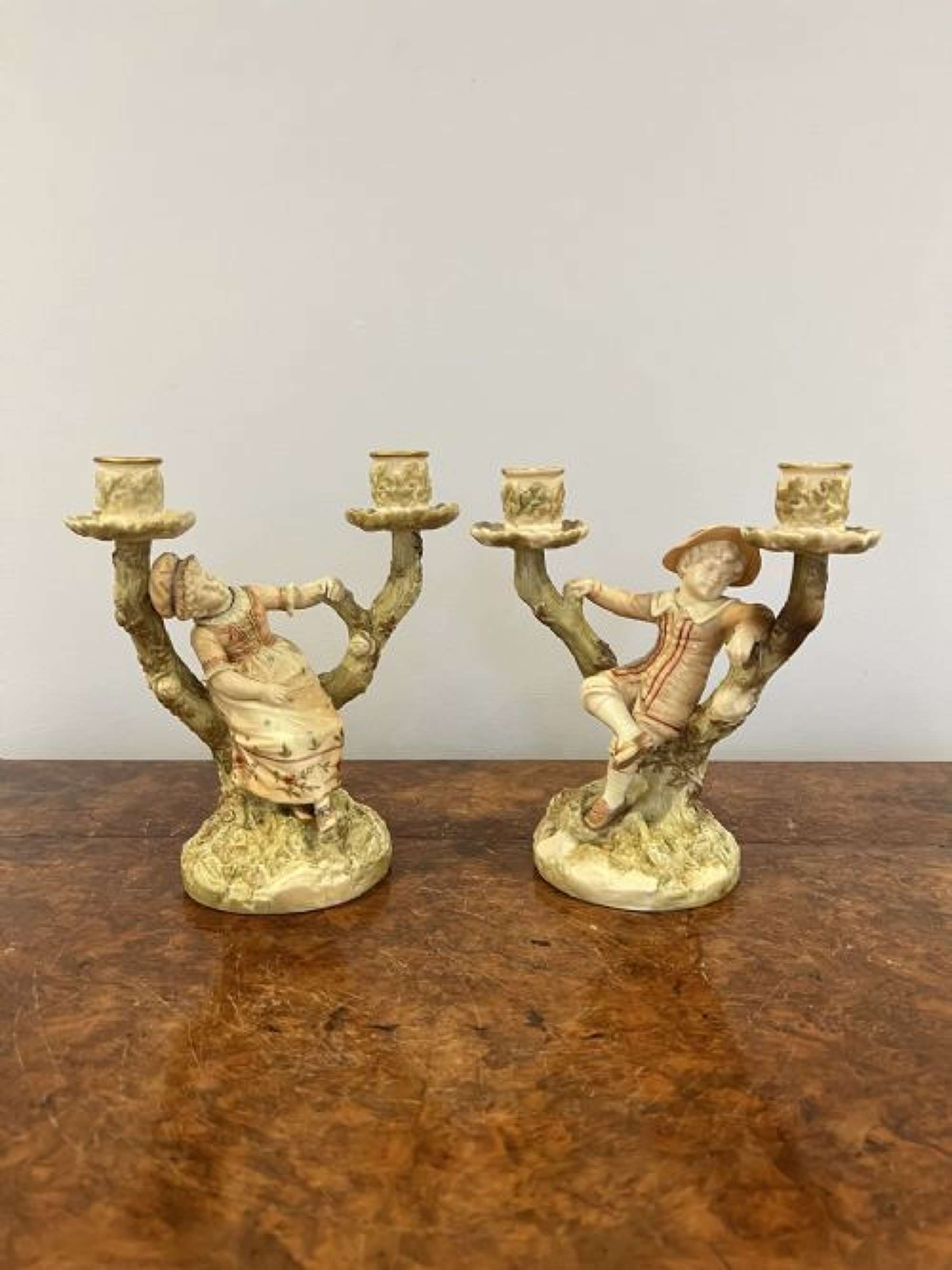 Quality Pair Of Antique Royal Worcester Hadley Candlesticks