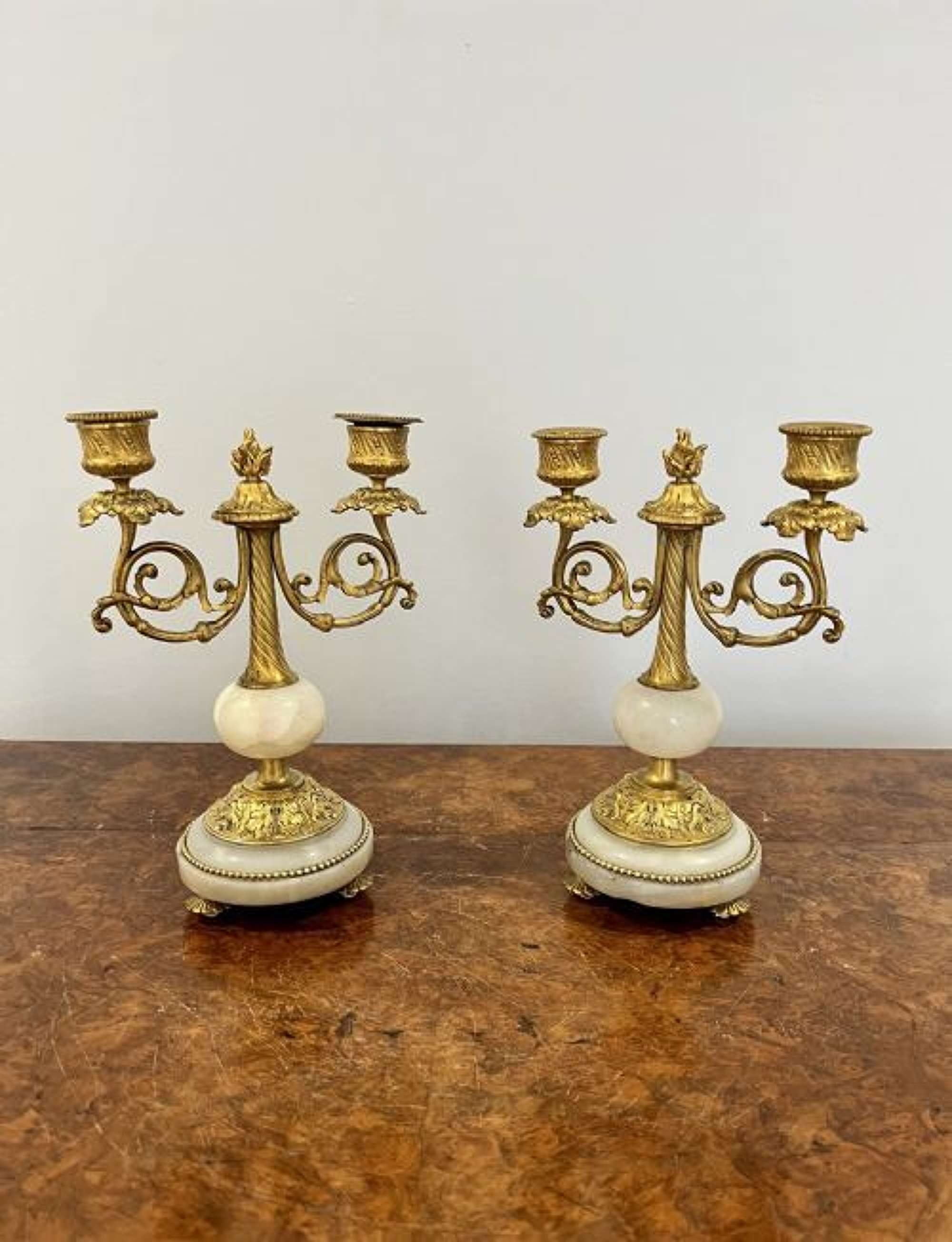 Pair Of Antique Victorian Quality Ormolu And Marble Candelabras