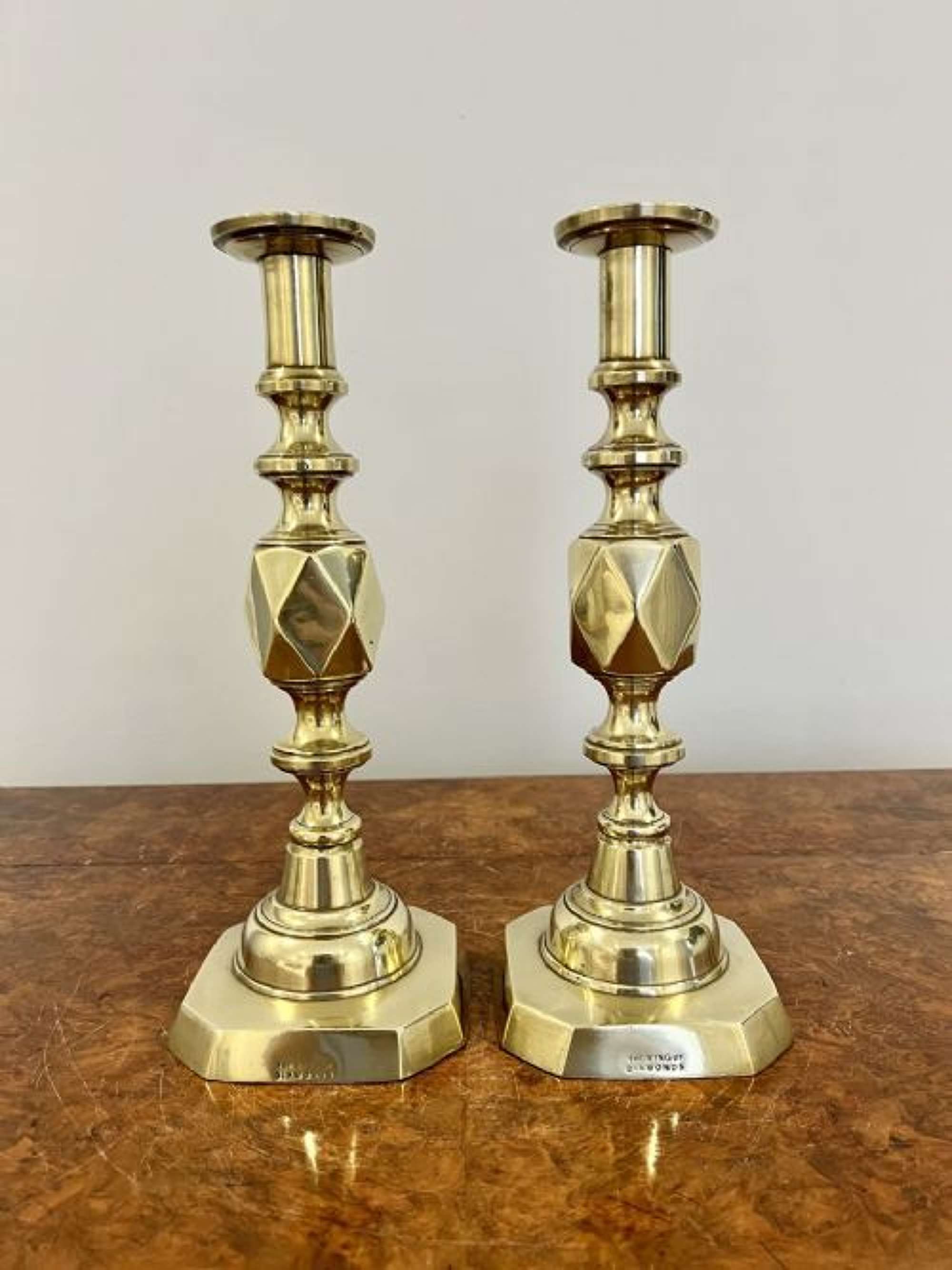 Large Pair Of Antique Victorian Quality Brass Candlesticks King Of Diamonds