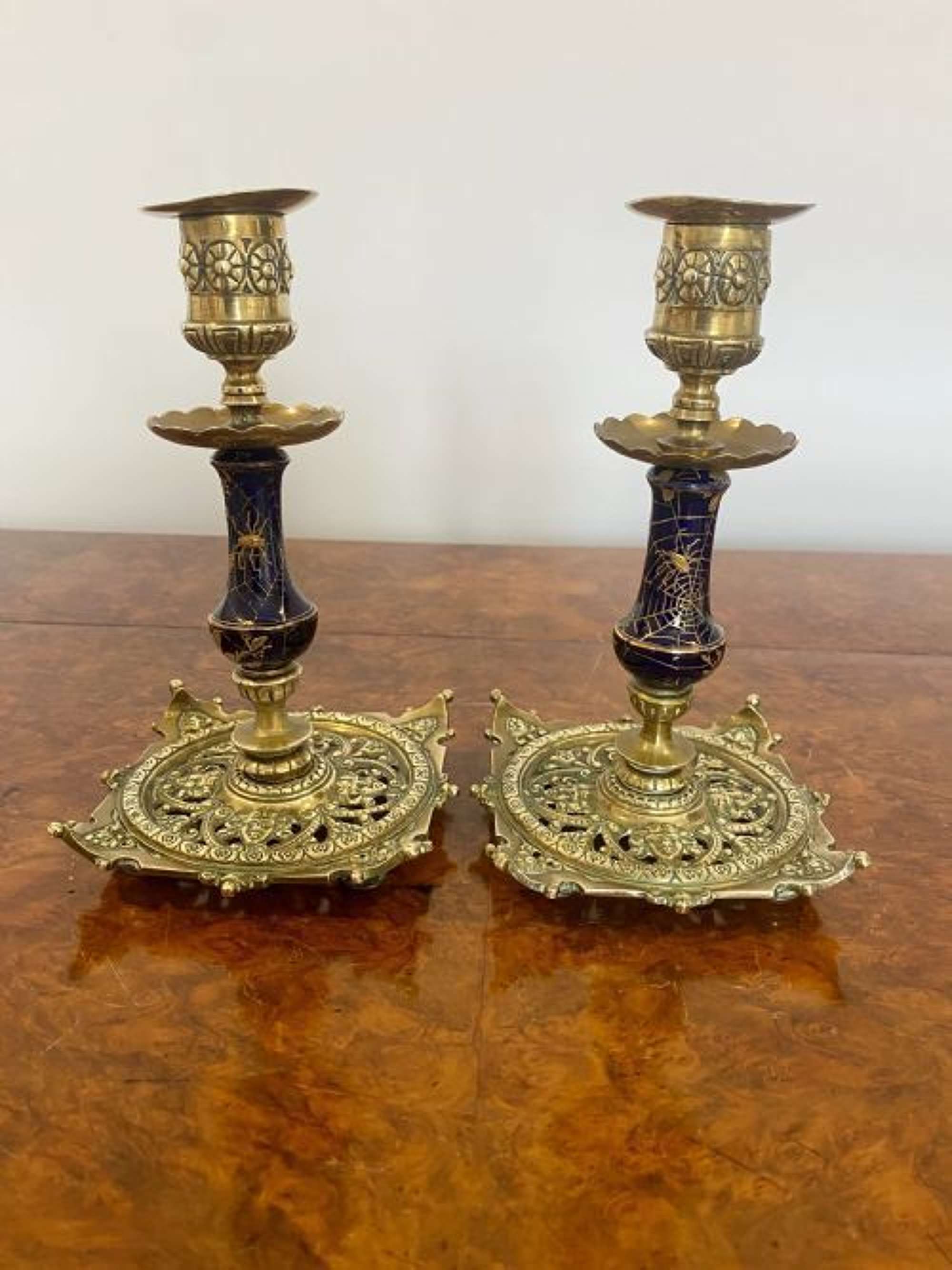 Unusual Pair Of Antique Victorian Quality Brass & Porcelain Candlesticks