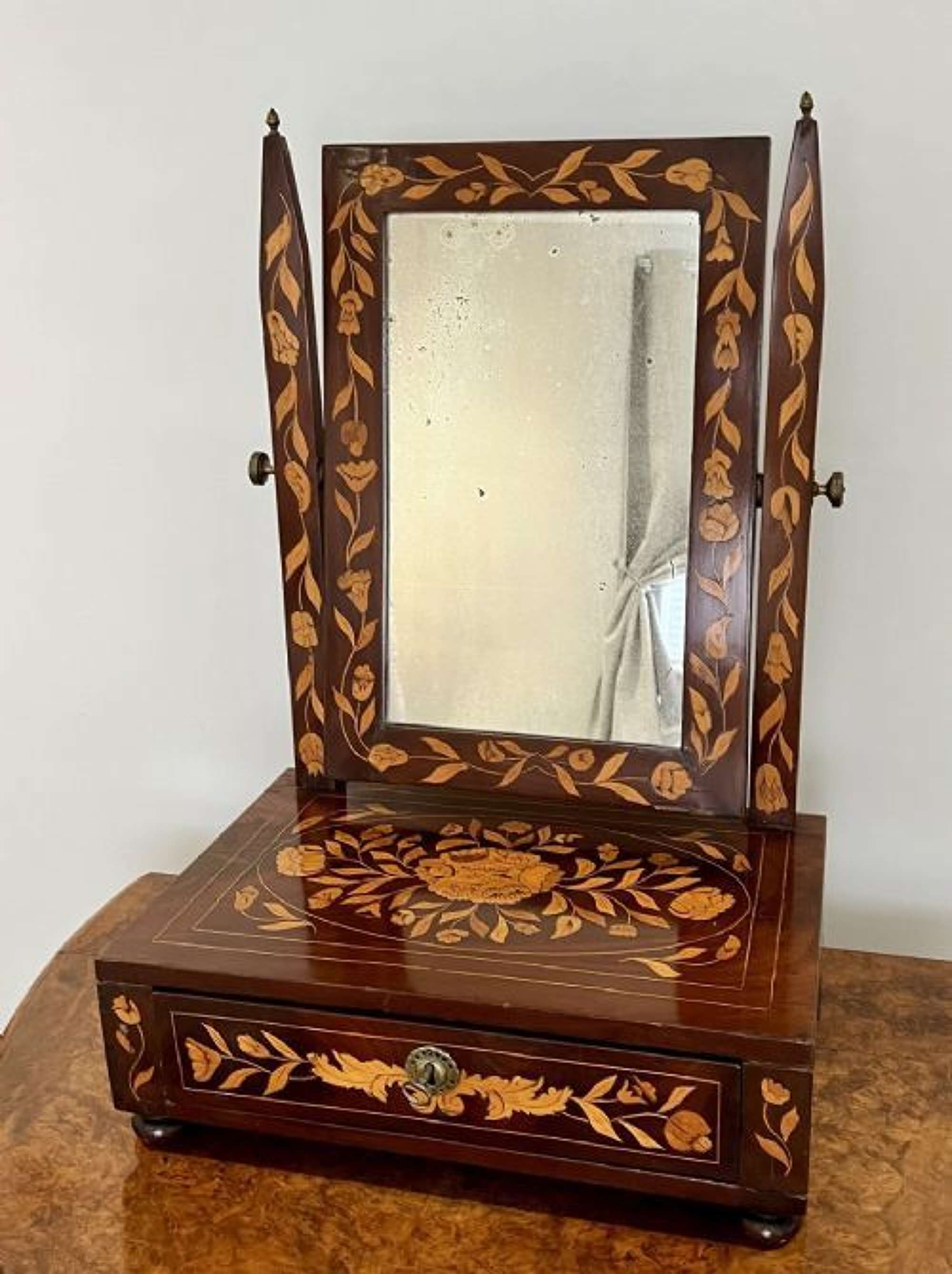 Antique Quality Mahogany Dutch Marquetry Inlaid Dressing Table Mirror