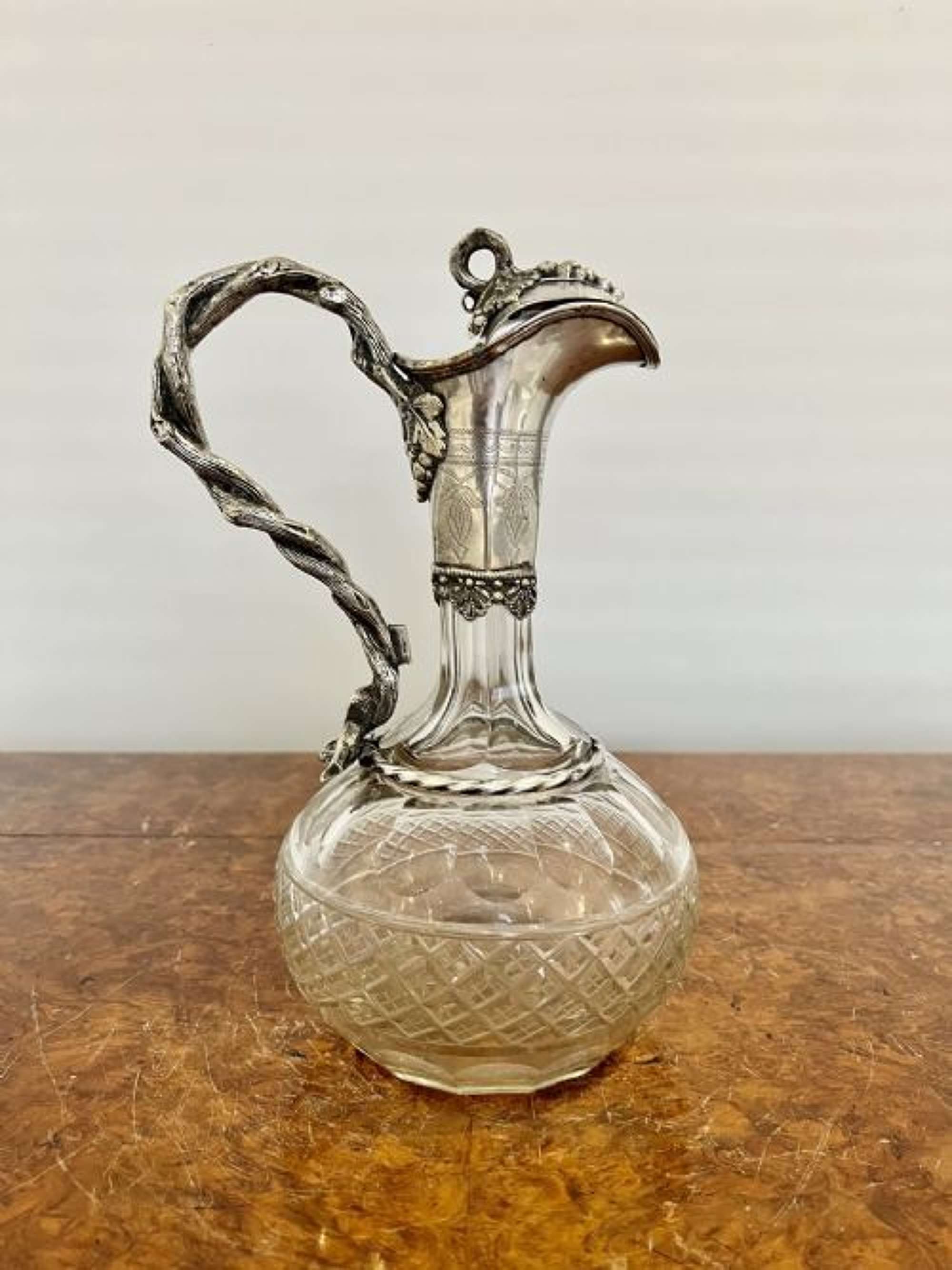Outstanding Quality Antique Victorian Cut Glass And Silver Plated Claret Jug
