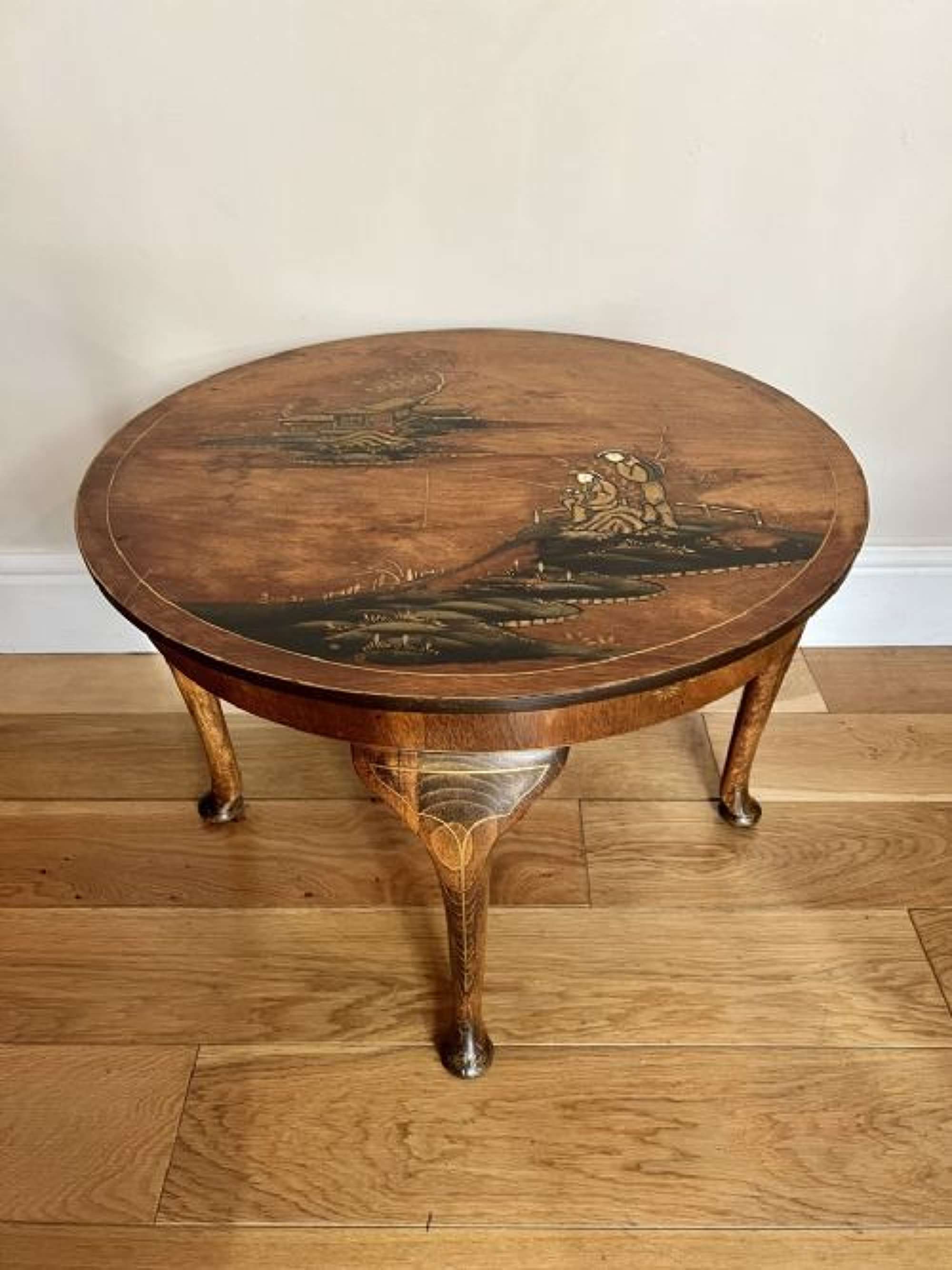 Antique Walnut Chinoiserie Decorated Circular Coffee Table