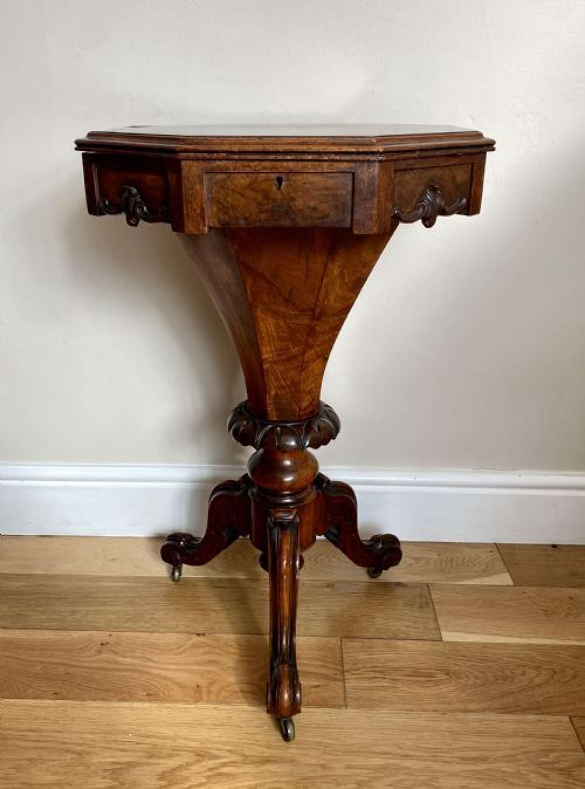 Antique Victorian Quality Carved Burr Walnut Trumpet Work Table