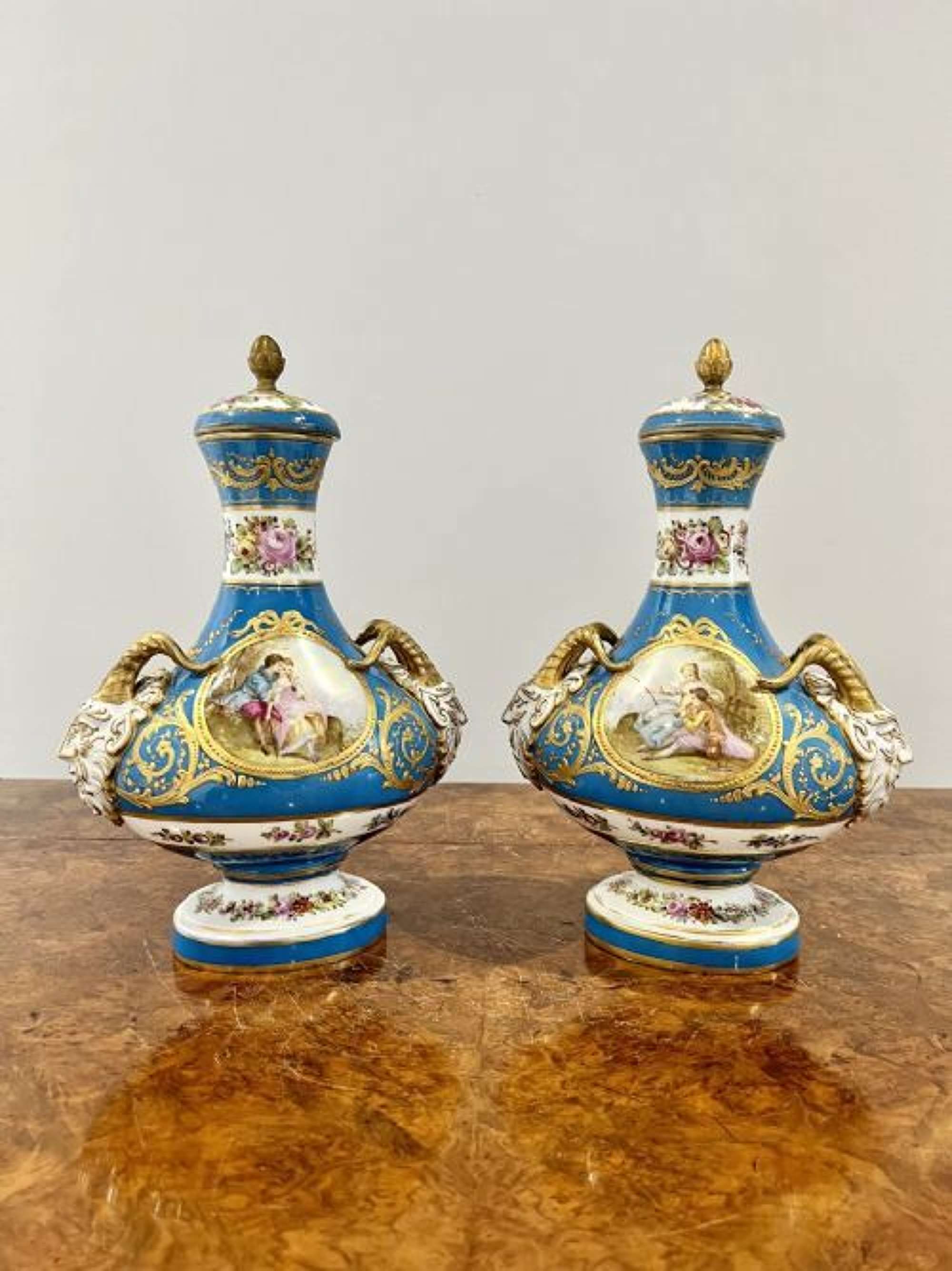 Fine Quality Pair Of Antique Victorian French Severs Lidded Vases