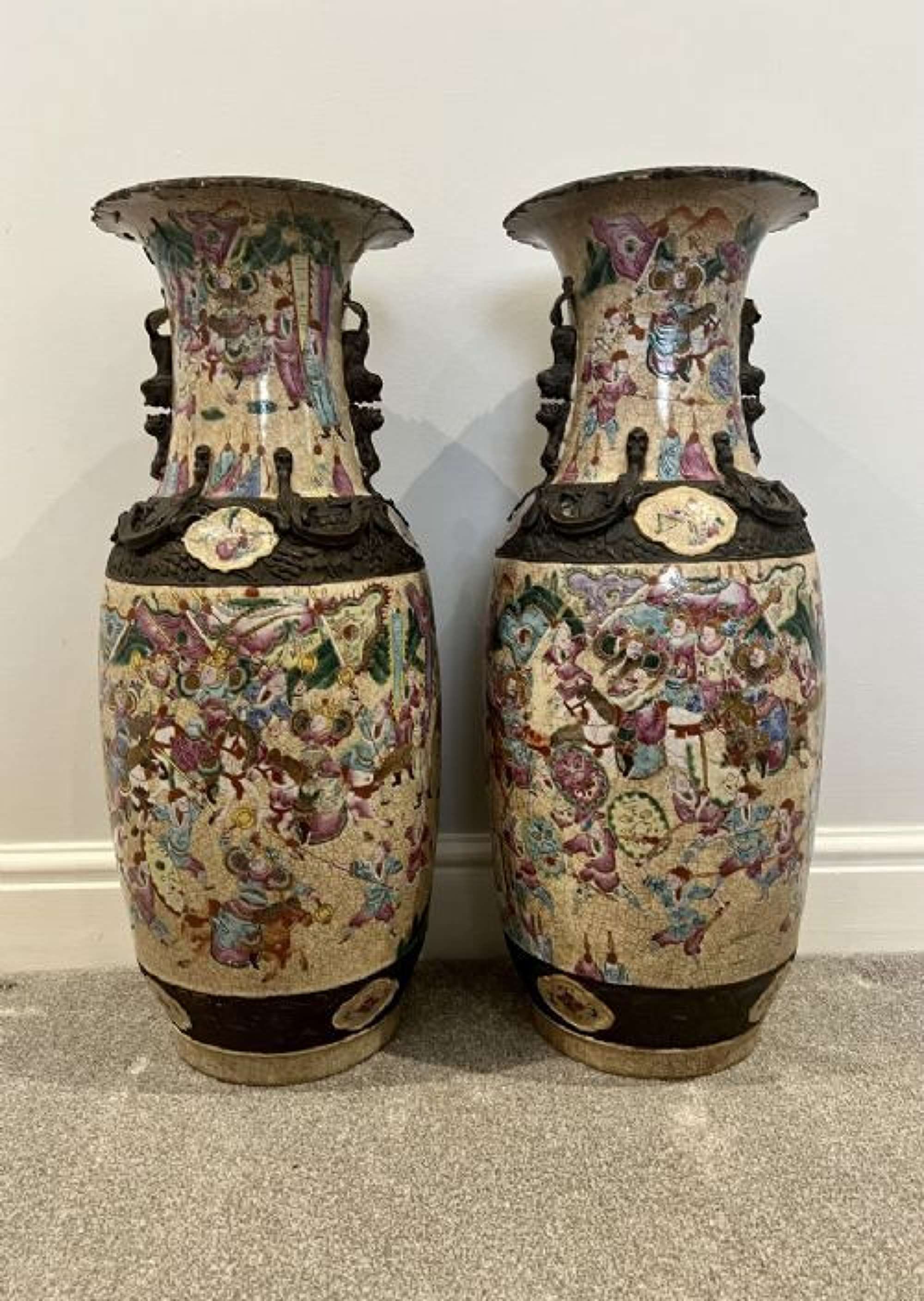 Large Pair Of Antique Chinese Crackled Glazed Vases