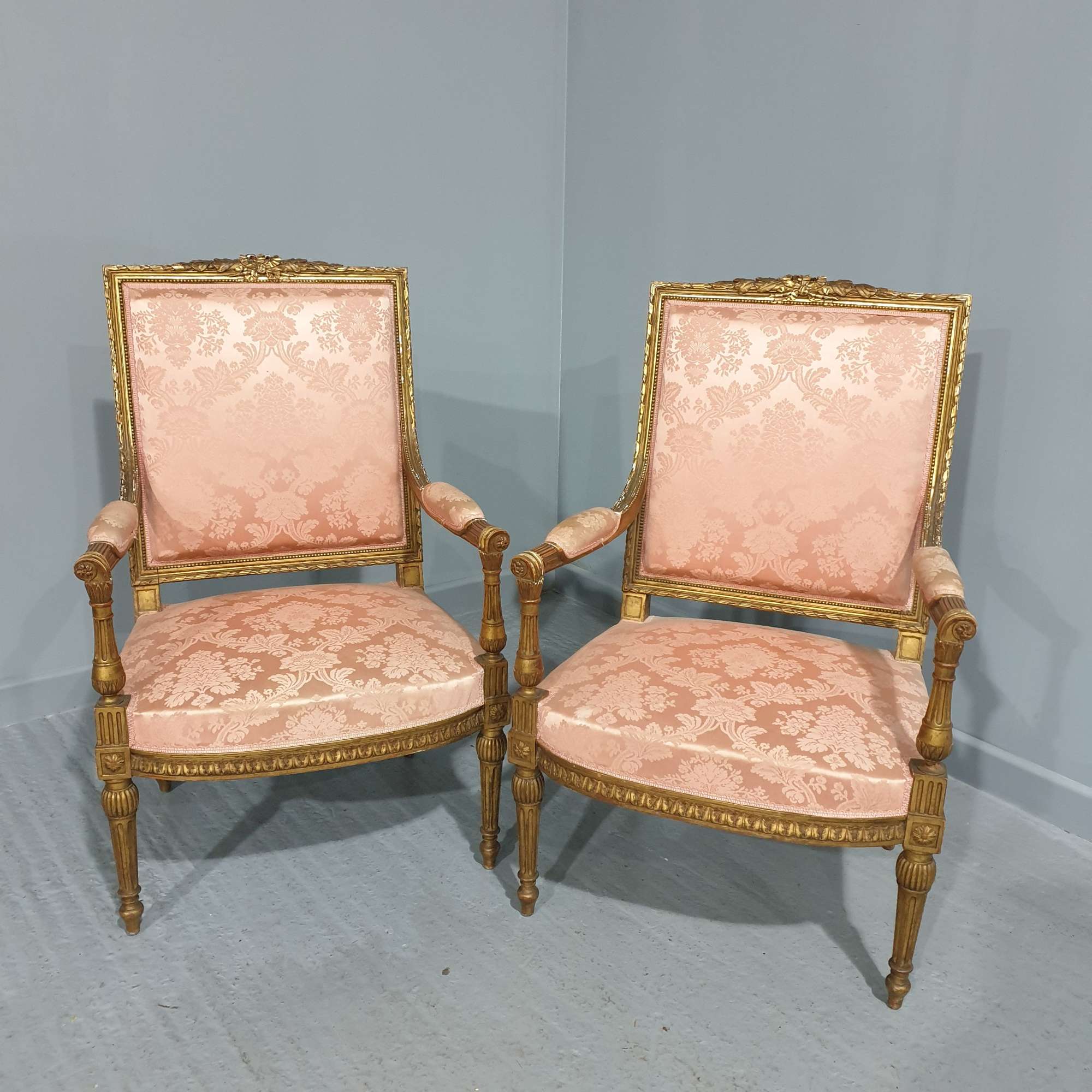 Superb Pair French Gilt Fauteuils Antique Chairs