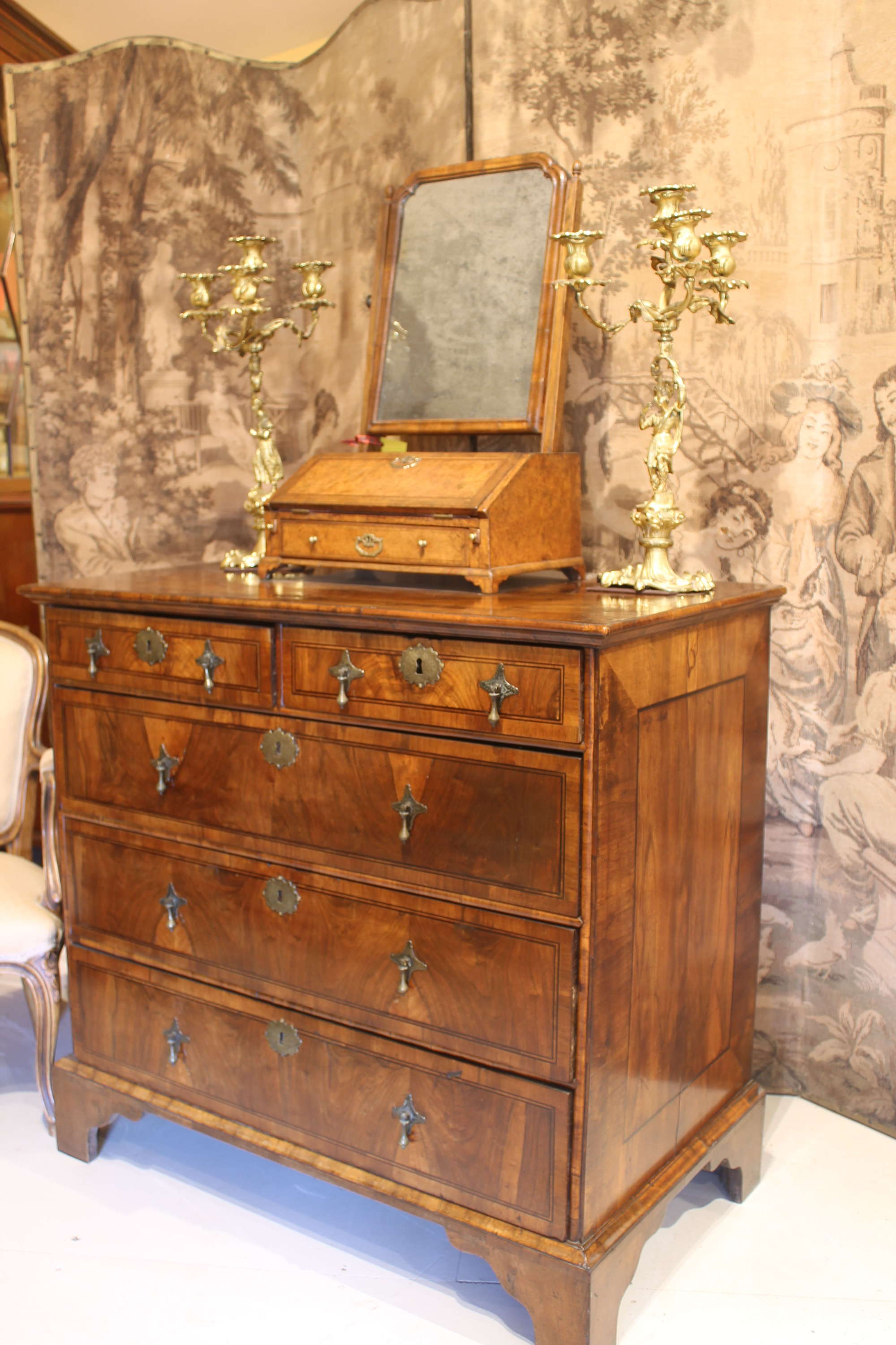 Queen Anne Walnut & Ebony Antique Chest Of Drawers