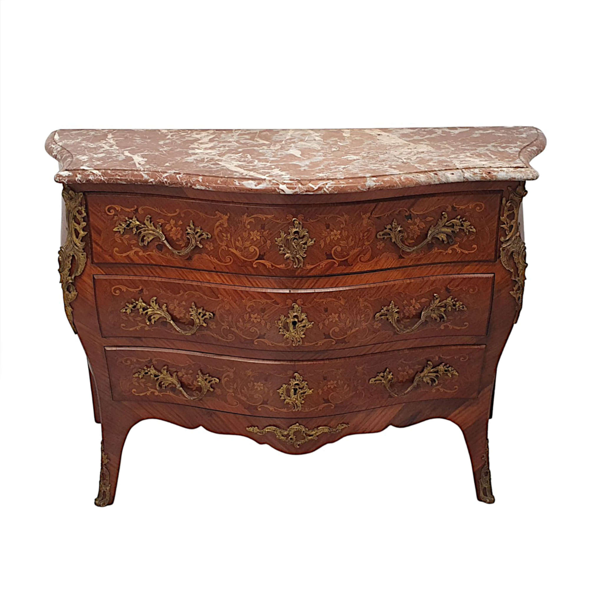 A Very Fine 19th Century Marquetry Inlaid Marble Top Antique Chest Of Drawers