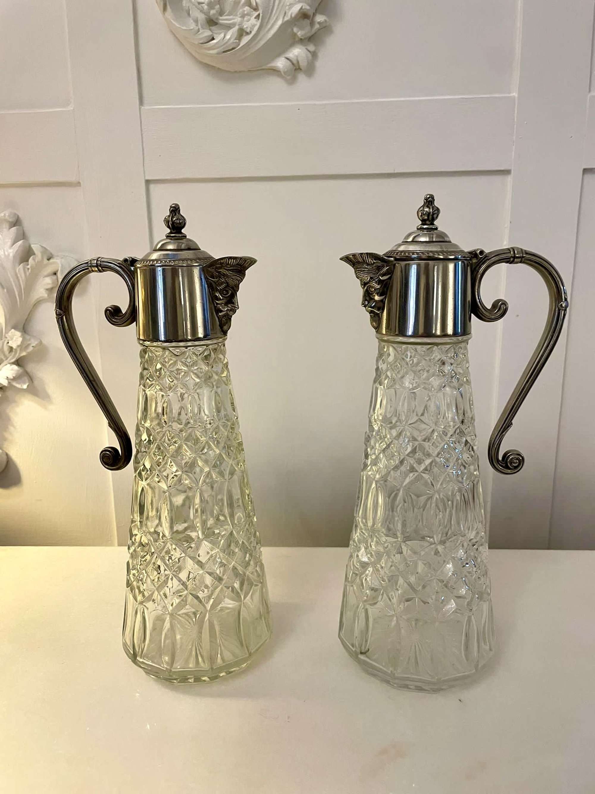 Pair Of Antique Edwardian Quality Silver Plated And Cut Glass Claret Jugs