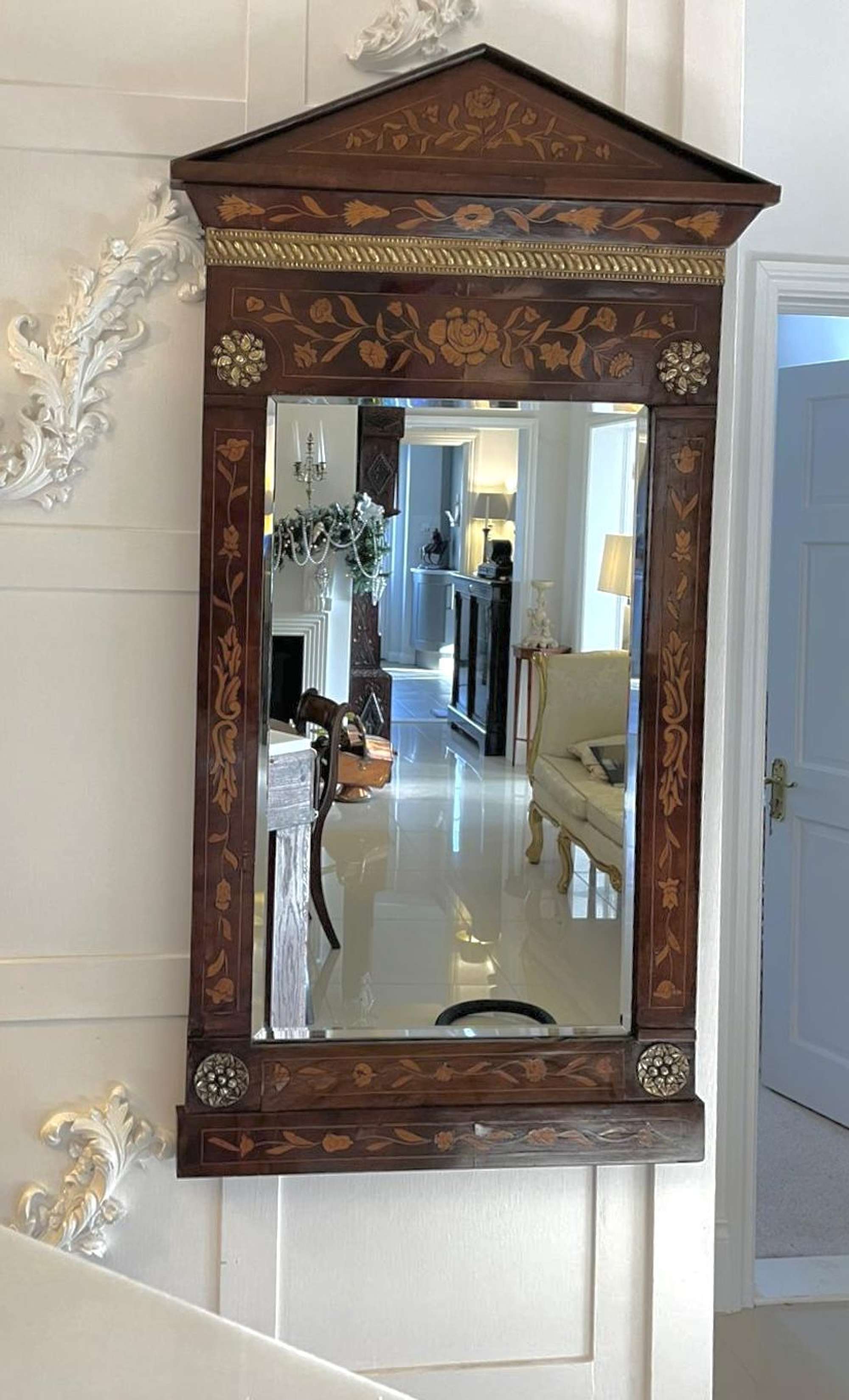 Outstanding Quality Antique George Iii Dutch Marquetry Mahogany Inlaid Wall Mirror