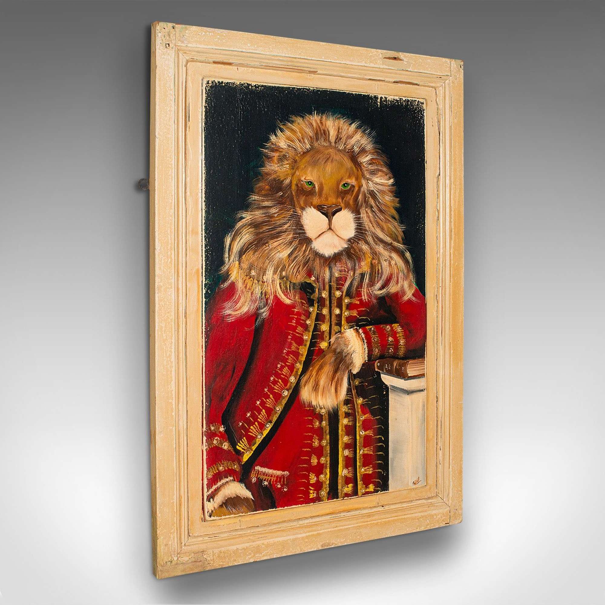 Vintage Lion Portrait, English Oil Painting, Victorian Pine, Anthropomorphic Art