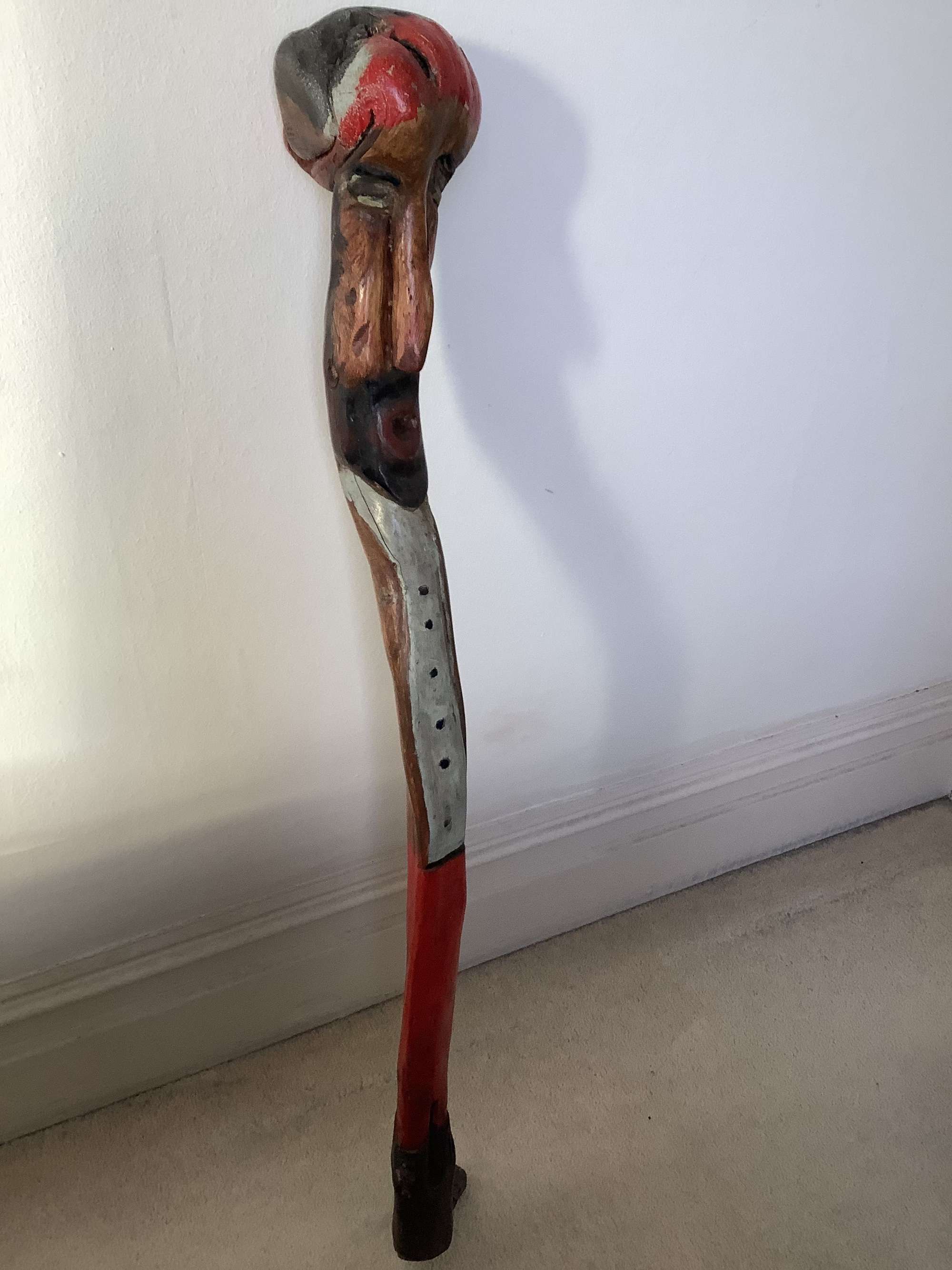 An Extraordinary Substantial Polychromed Thorn Wood Folk Art Walking Stick