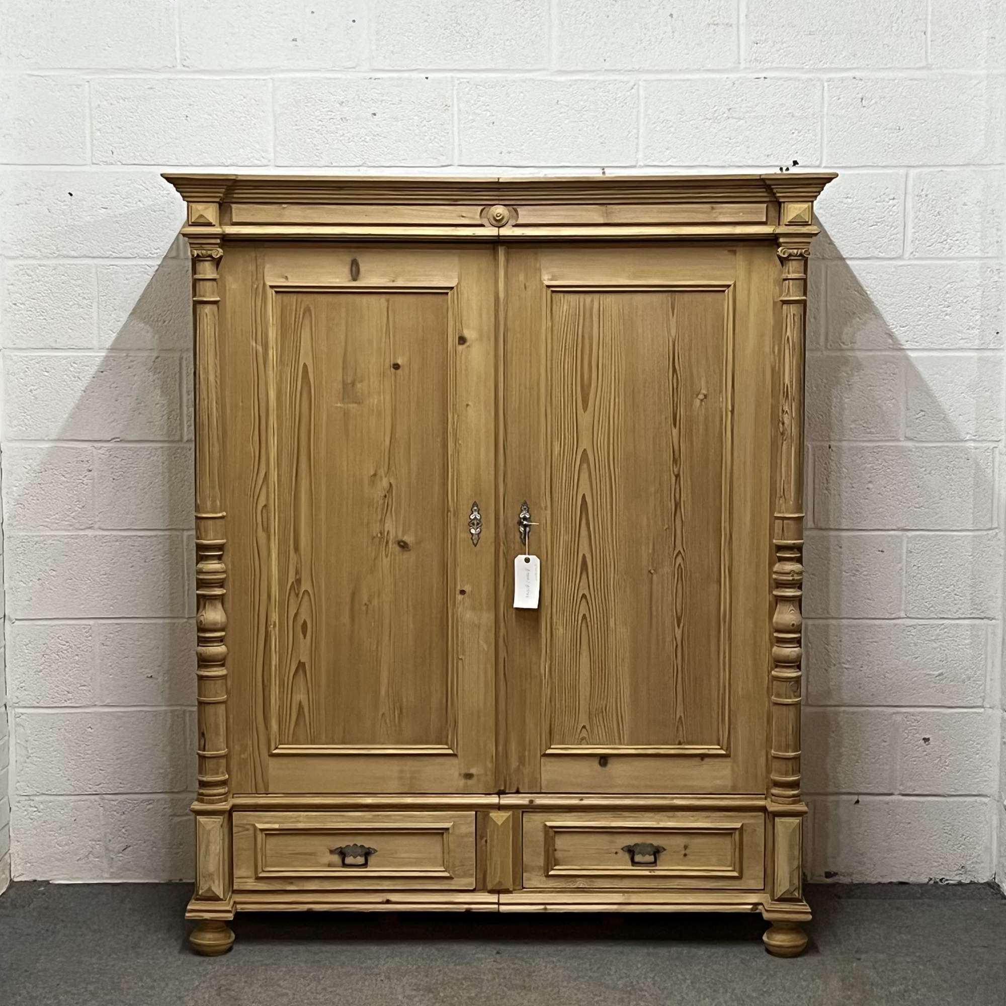 Small Double Antique Pine Wardrobe With 2 Bottom Drawers