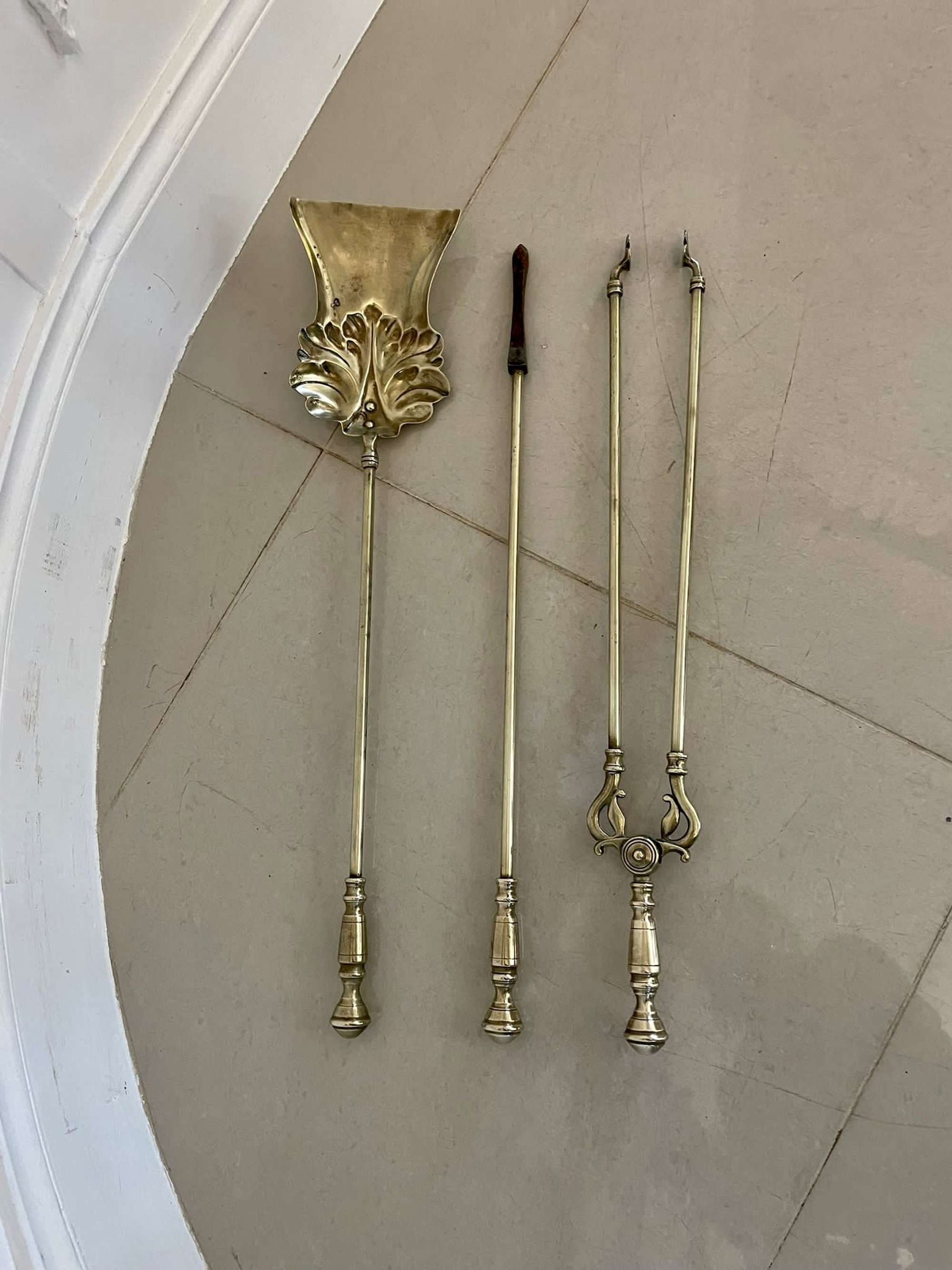 Antique Victorian Quality Brass Set Of 3 Fire Irons
