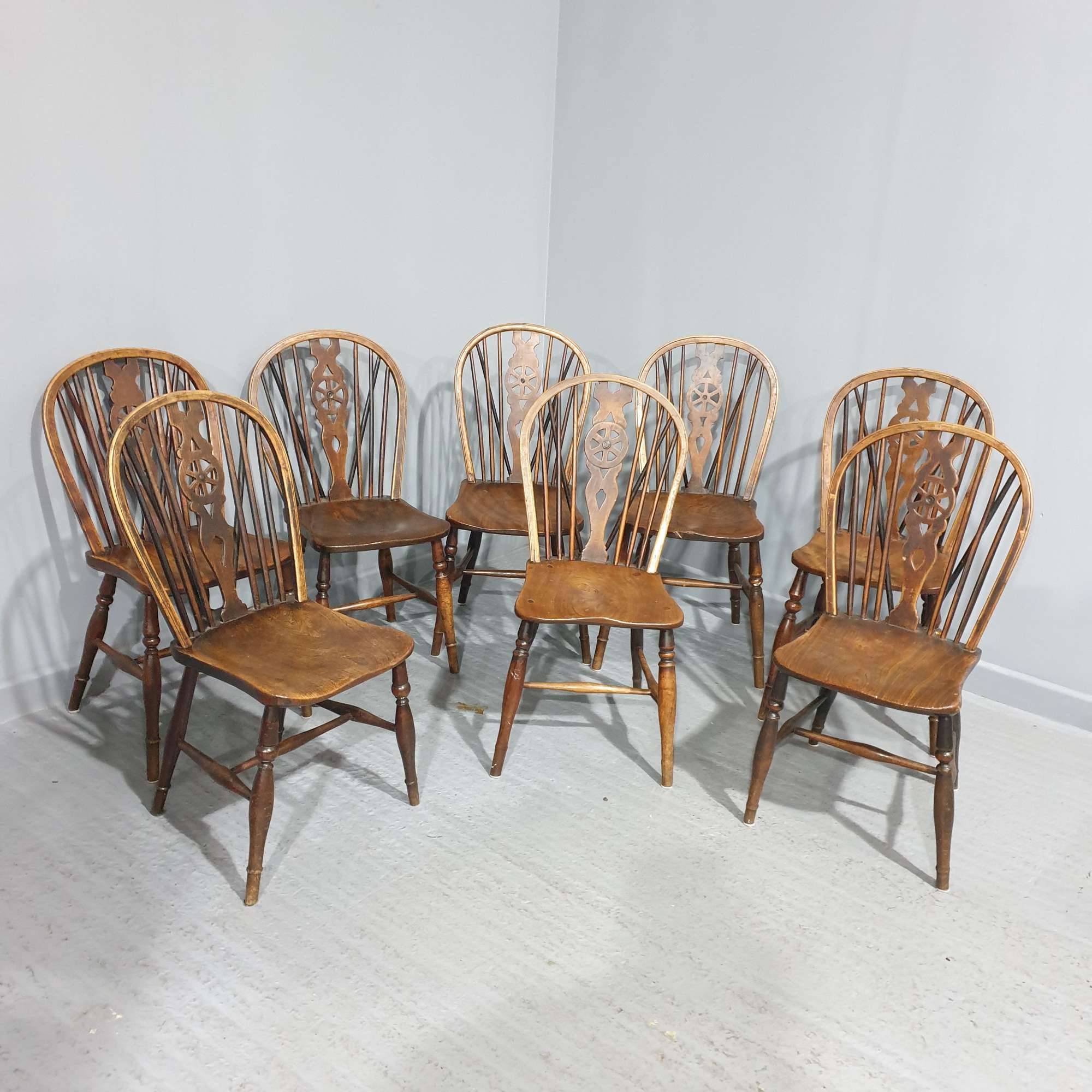 Harlequin Set Eight Ash And Elm Kitchen Antique Dining Chairs