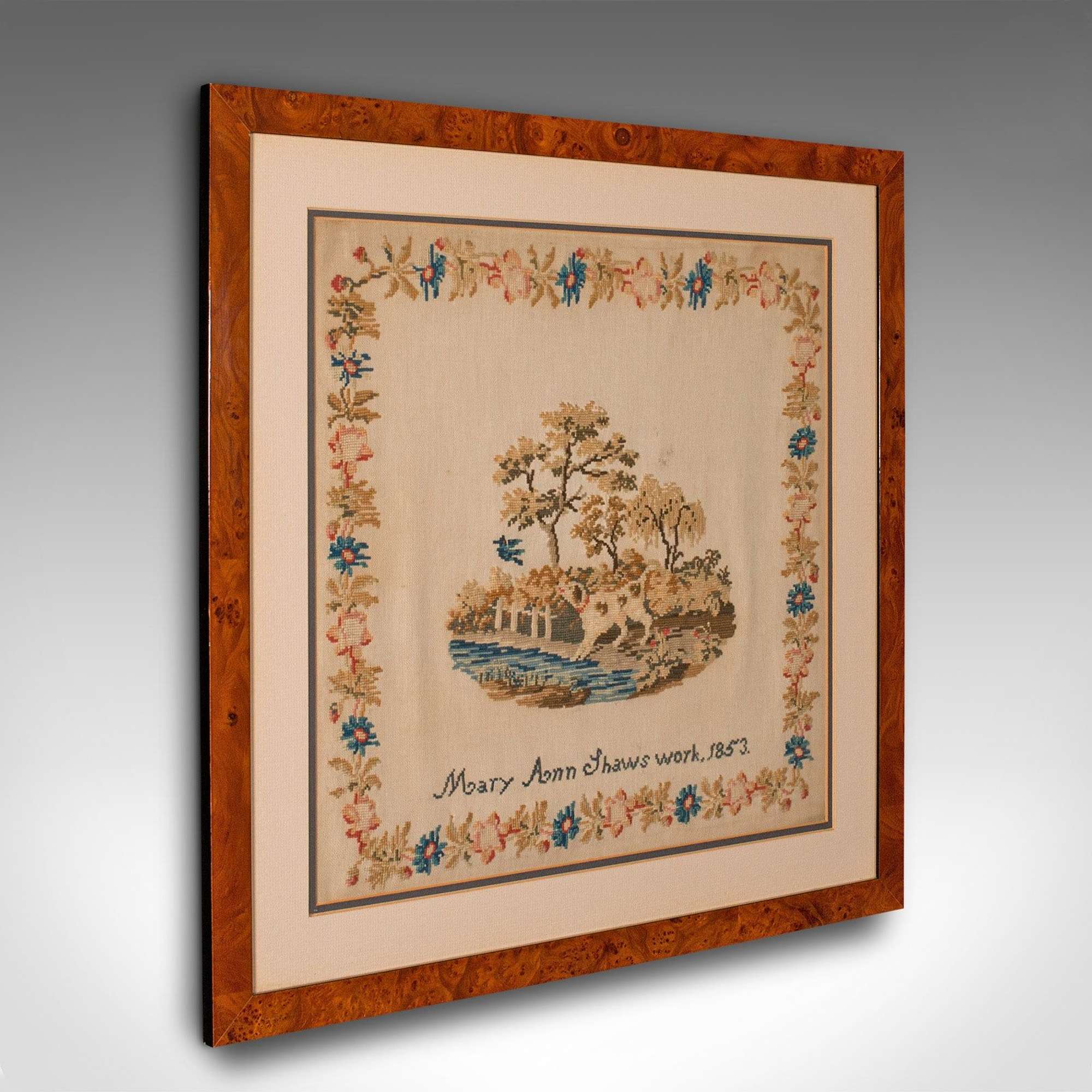 Antique Framed Sampler, English, Needlepoint Tapestry Panel, Victorian, C.1850