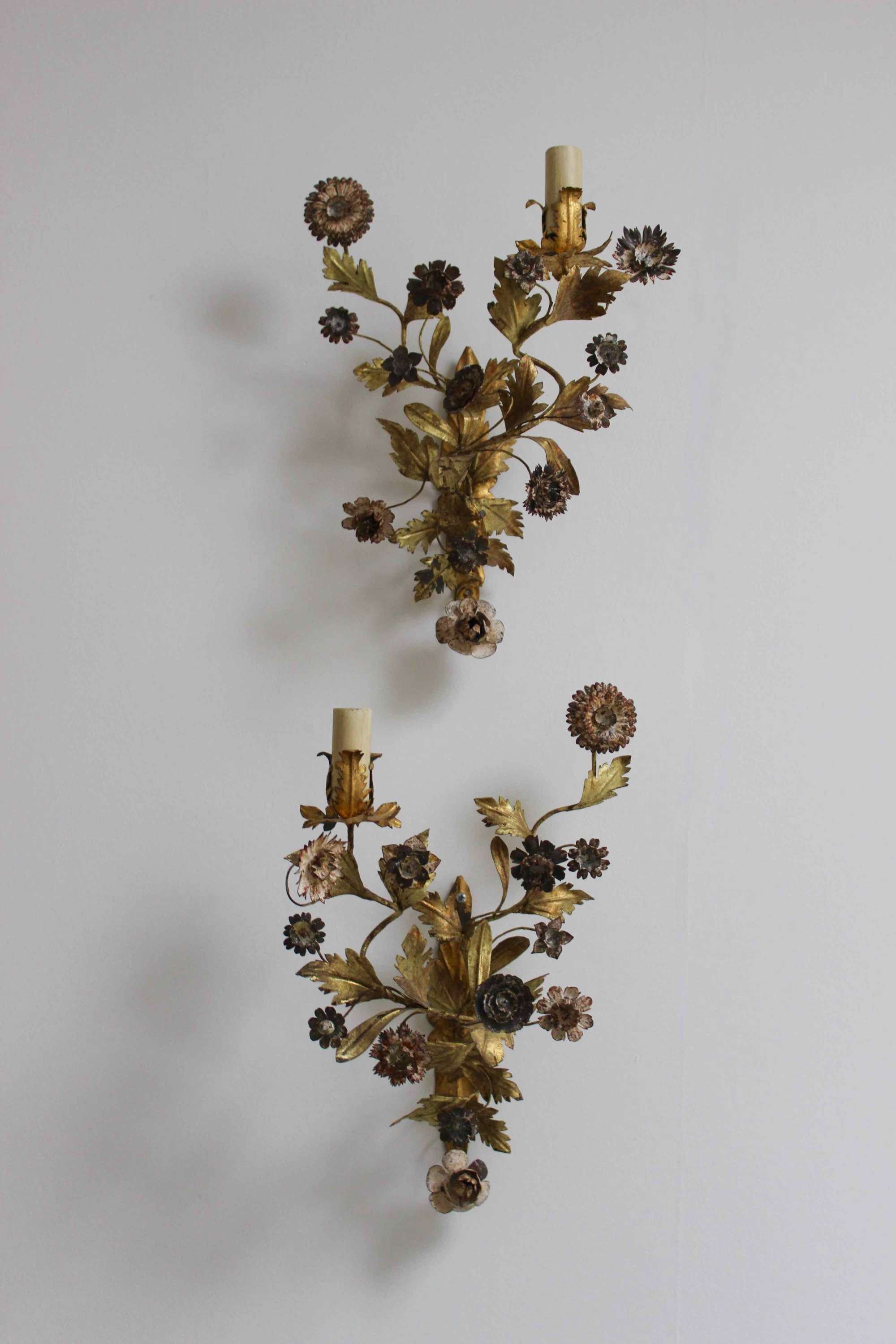 Pair of ceramic and gilt metal single branch sconces