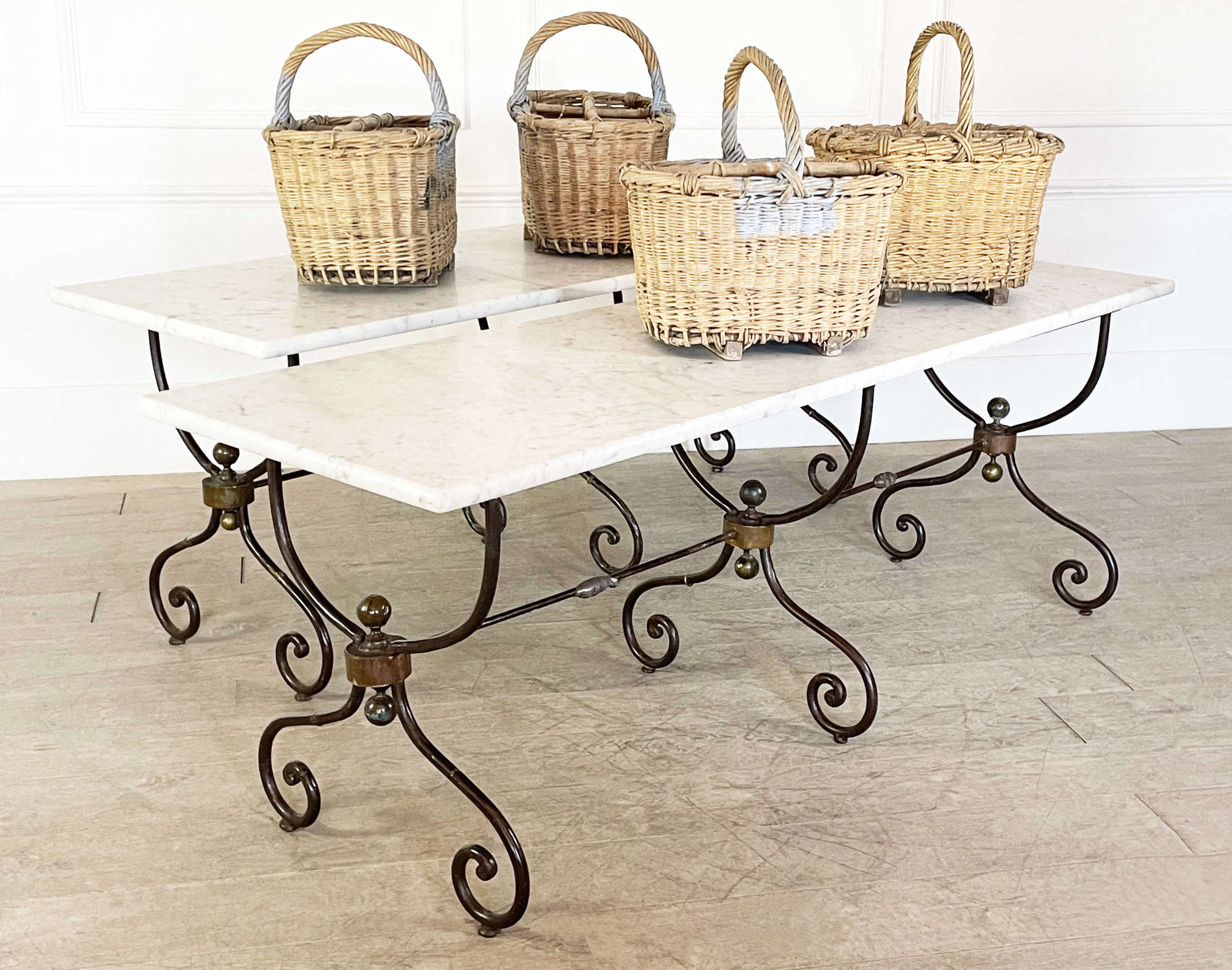 Pair of French Wrought iron Tables with Carrara Marble Tops-circa 1860