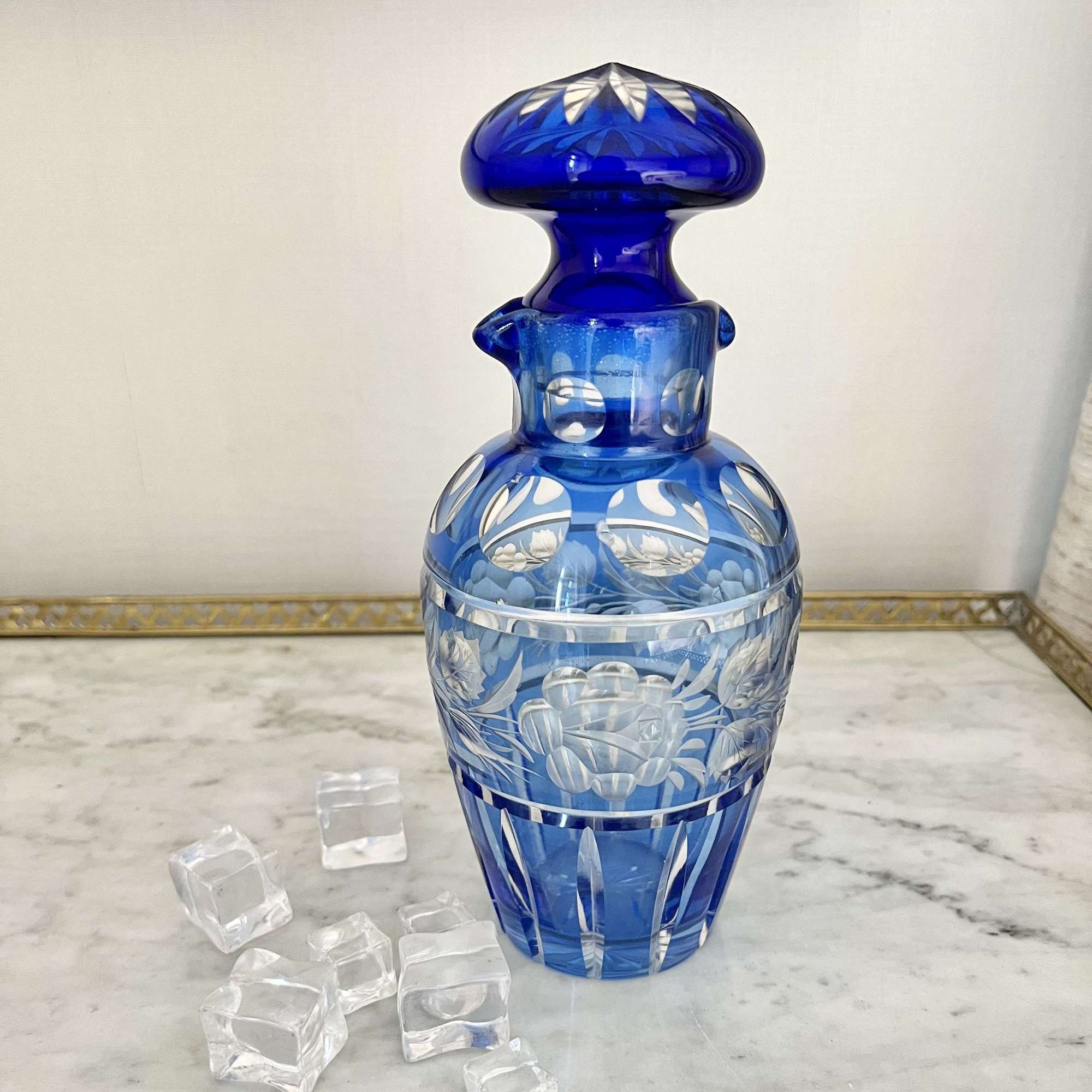 Cobalt Blue Itaglio Cut To Clear Cocktail Shaker Decanter