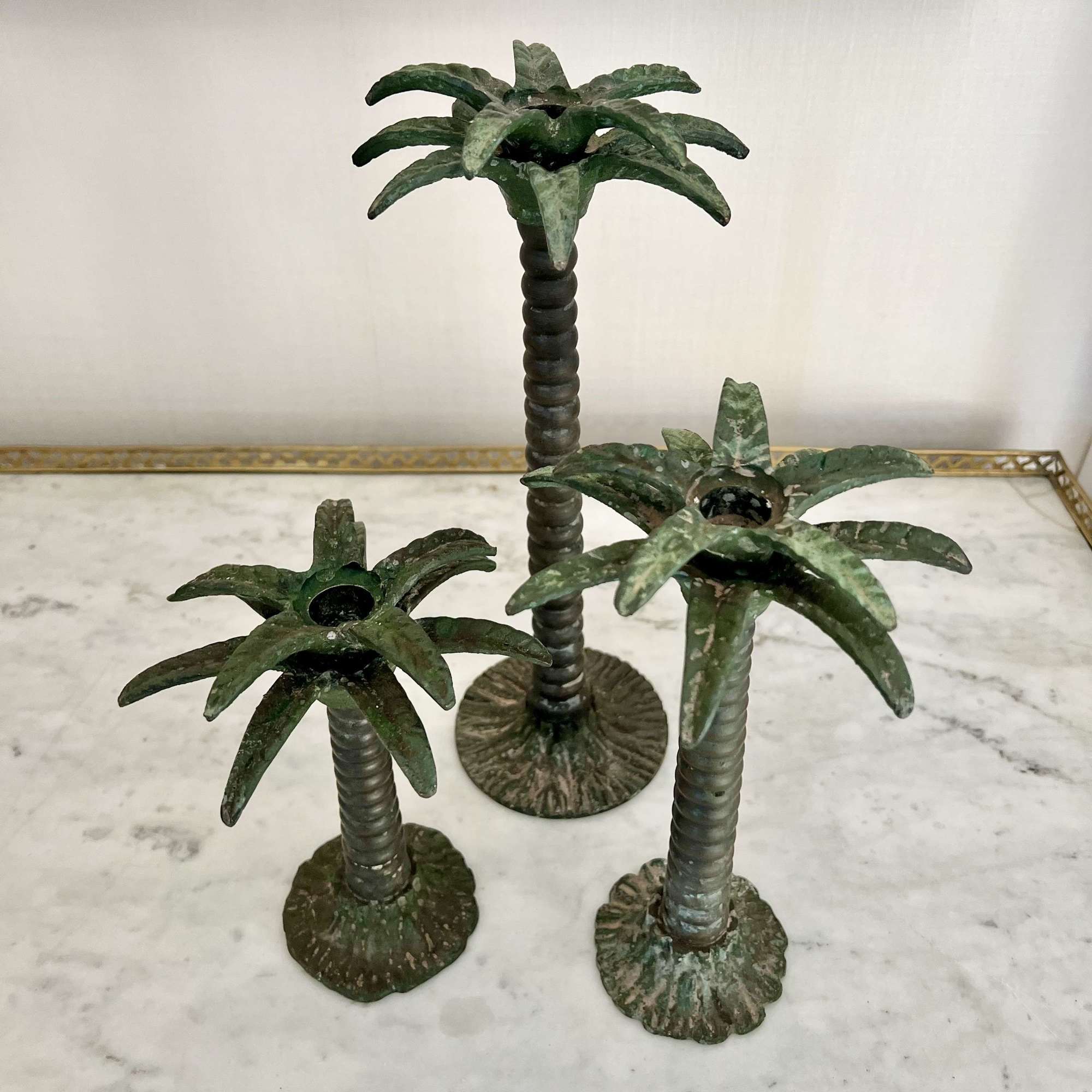 Trio Of Bronze Palm Tree Candlesticks Circa 1930