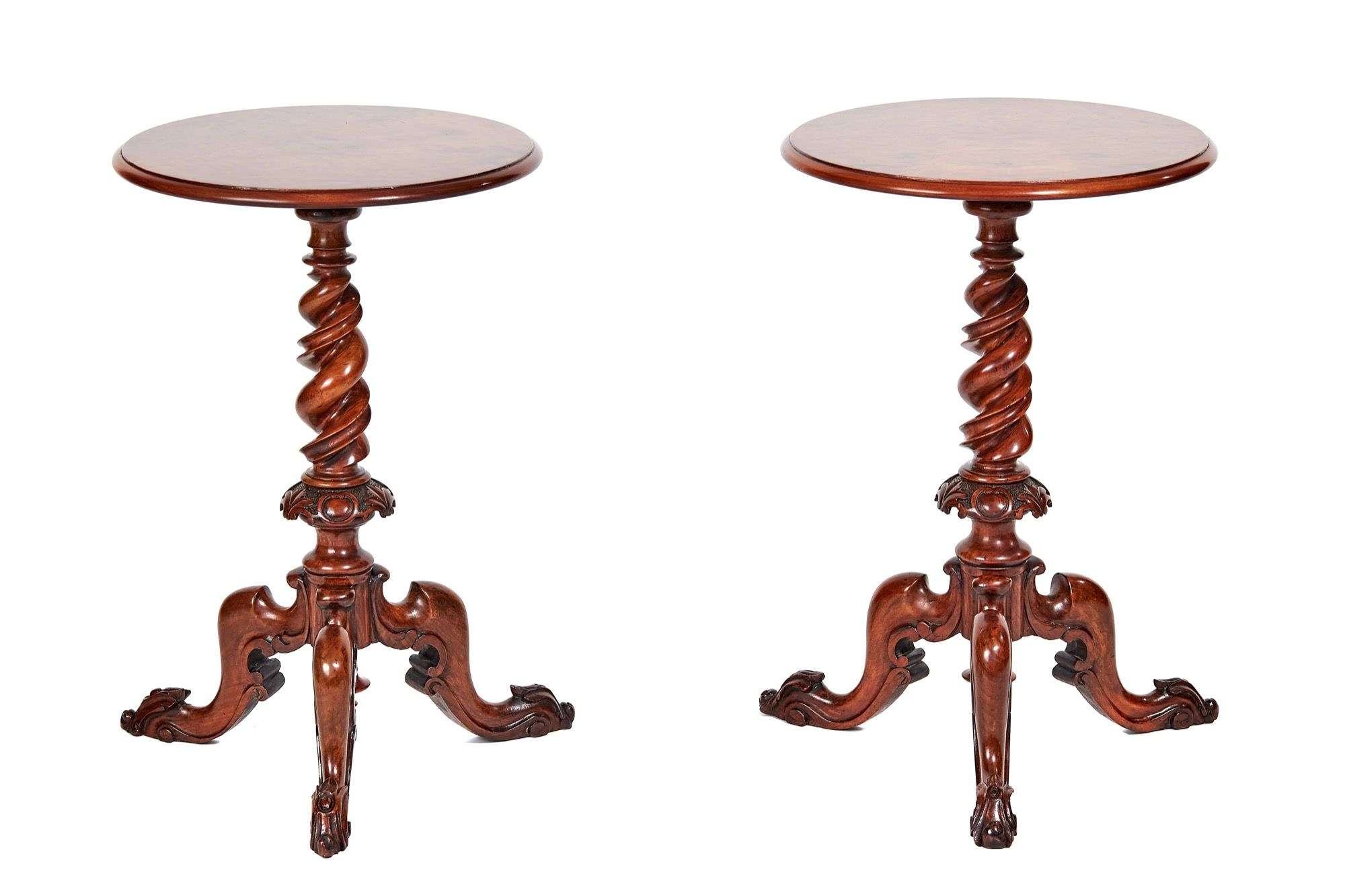 Fine Pair Victorian Burr Walnut & carved lamp tables