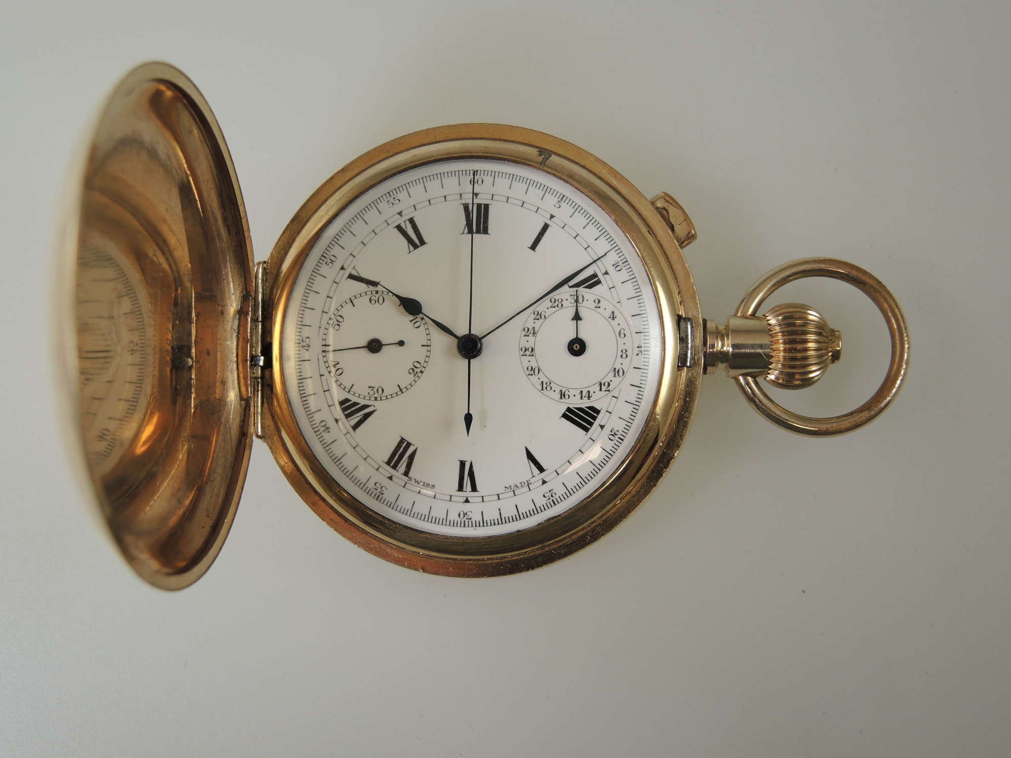 Gold plated hunter chronograph pocket watch w/30 minute register c1910