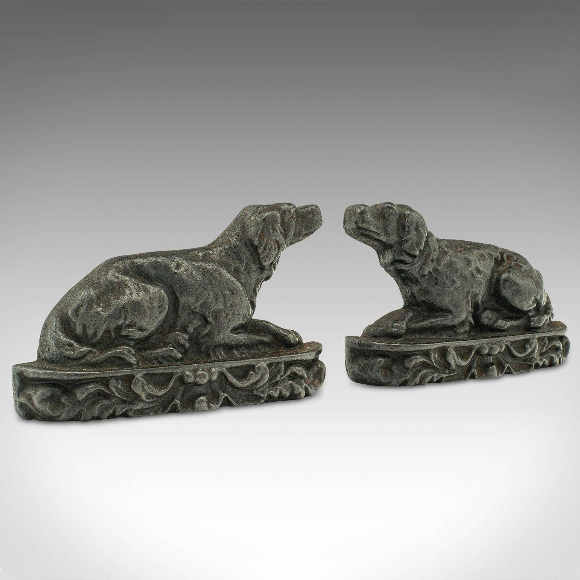 Pair Of Antique Dog Door Stops, English, Iron, Decorative Bookends, Victorian