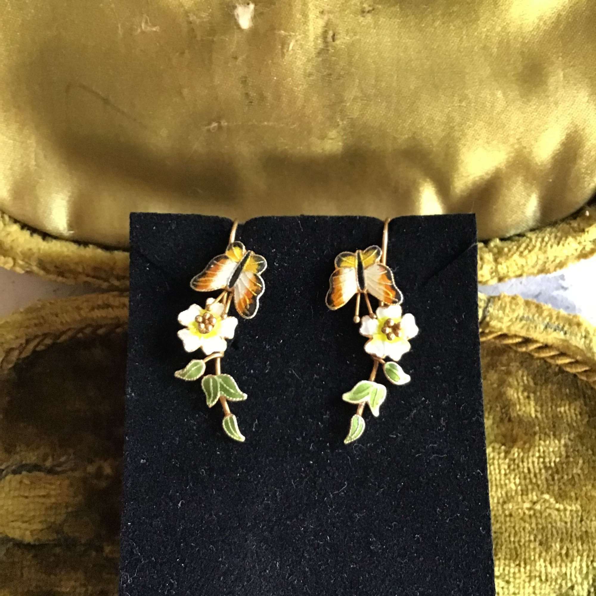 Gold vermeil enamel butterfly and flower drop earrings