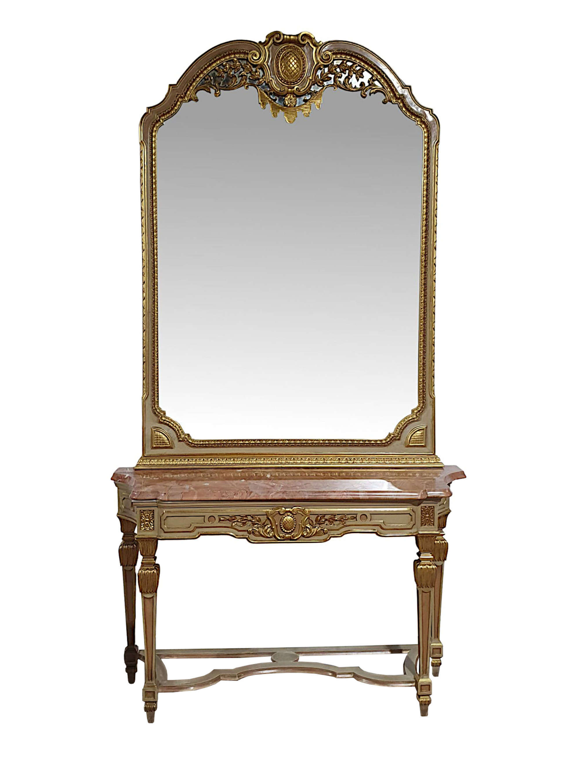 A Fine Early 20th Century Parcel Gilt Marble Top Console Table and Mirror