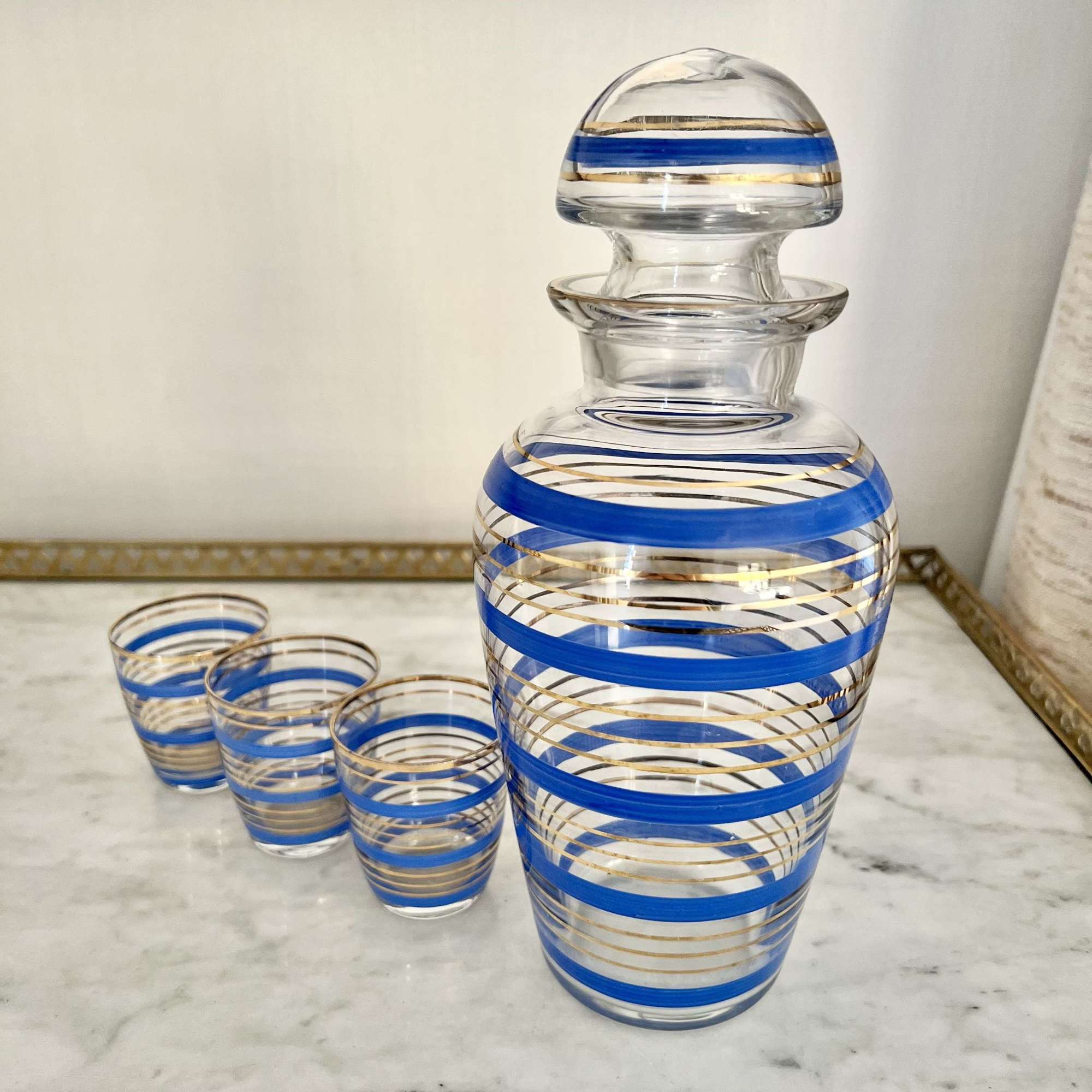 Mid Century Blue & Gold Ring Cocktail Shaker Decanter