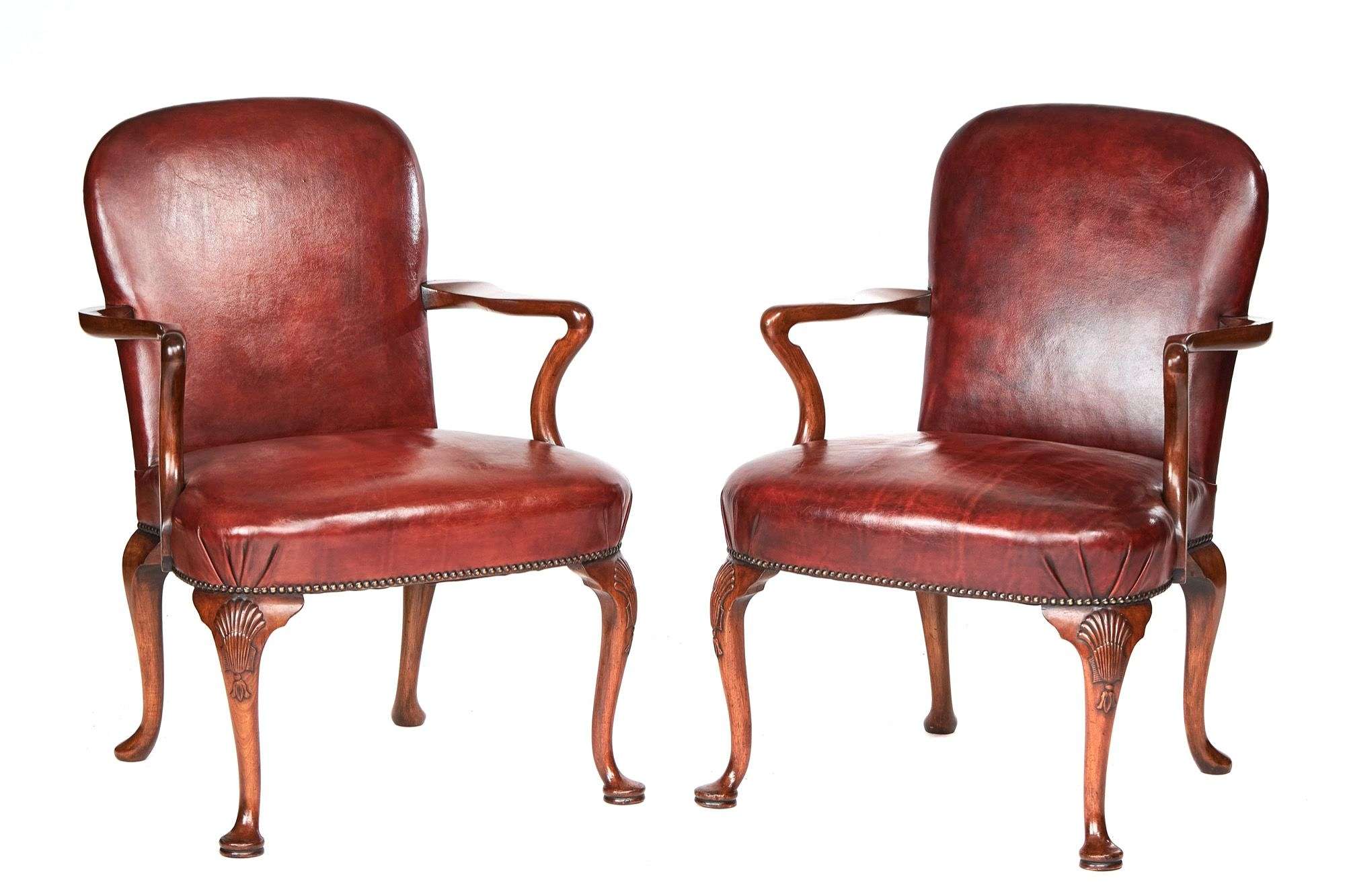 Pair Georgian Revival Walnut & Leather Open Elbow Antique Chairs Circa 1920s
