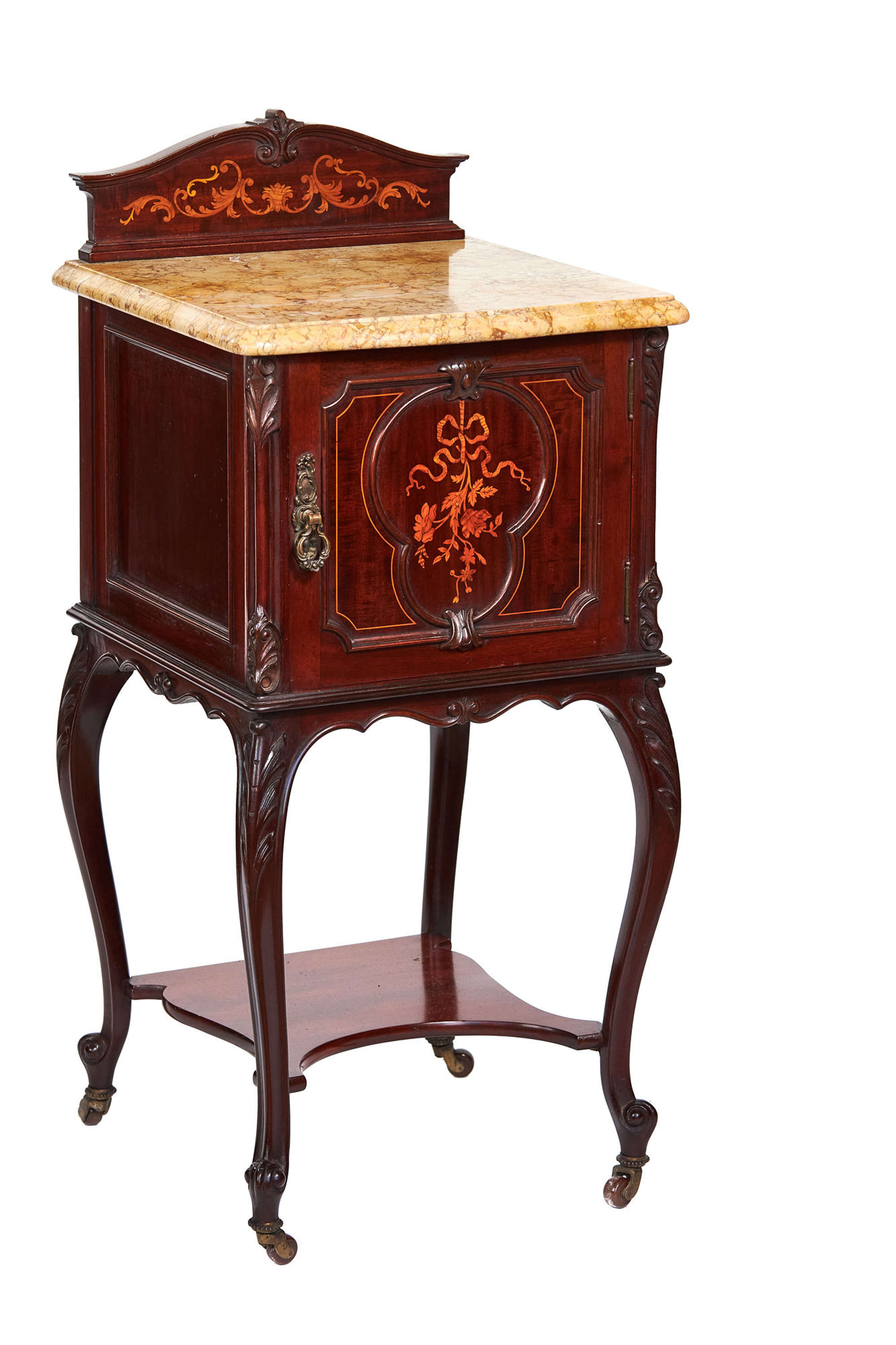 French Mahogany Inlaid Marble Top Bedside Cupboard Circa 1900