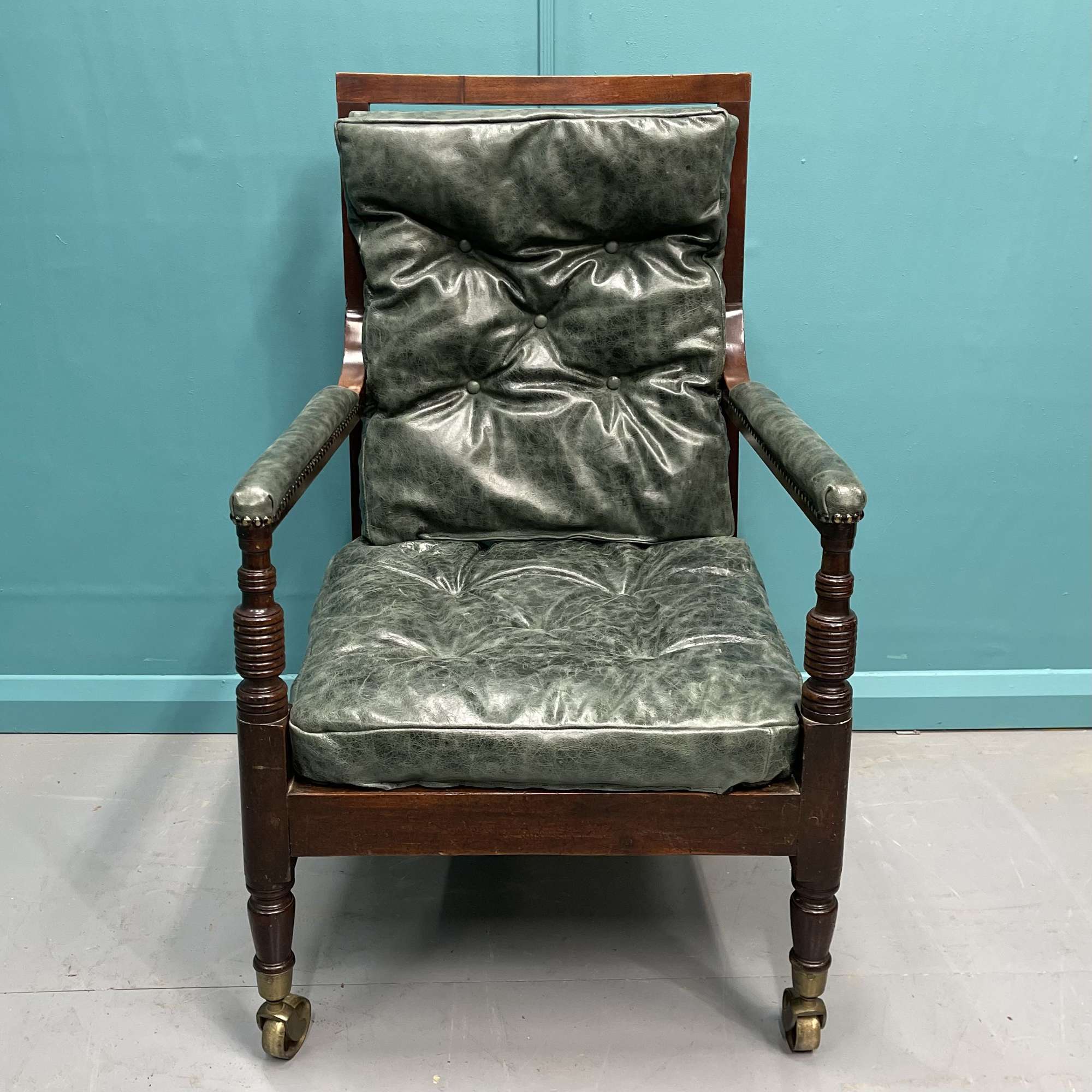 Georgian Leather Library Bergere Antique Armchair