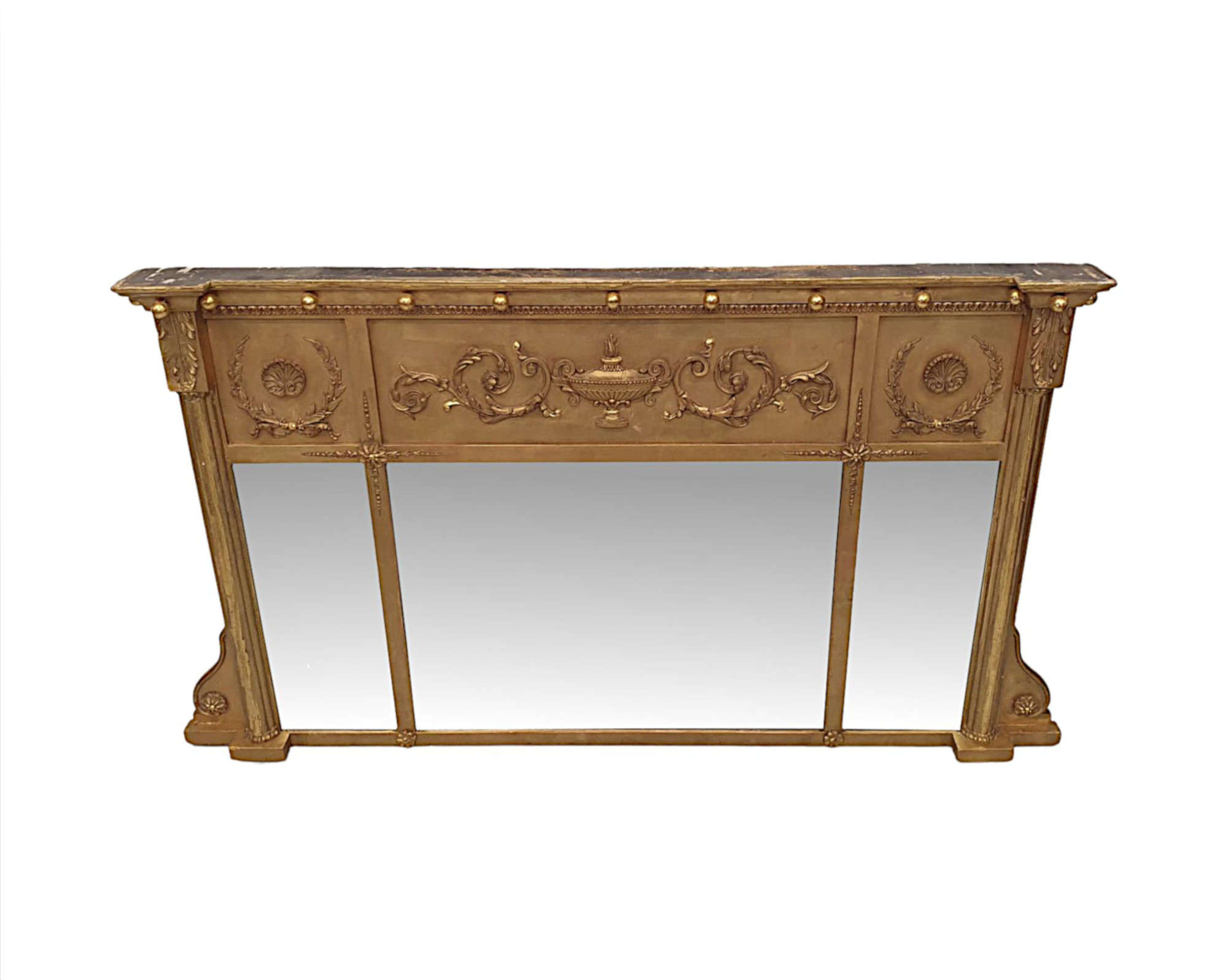 A Fabulous Edwardian Compartmantal Giltwood Antique Overmantle Mirror In The Manner Of Adams