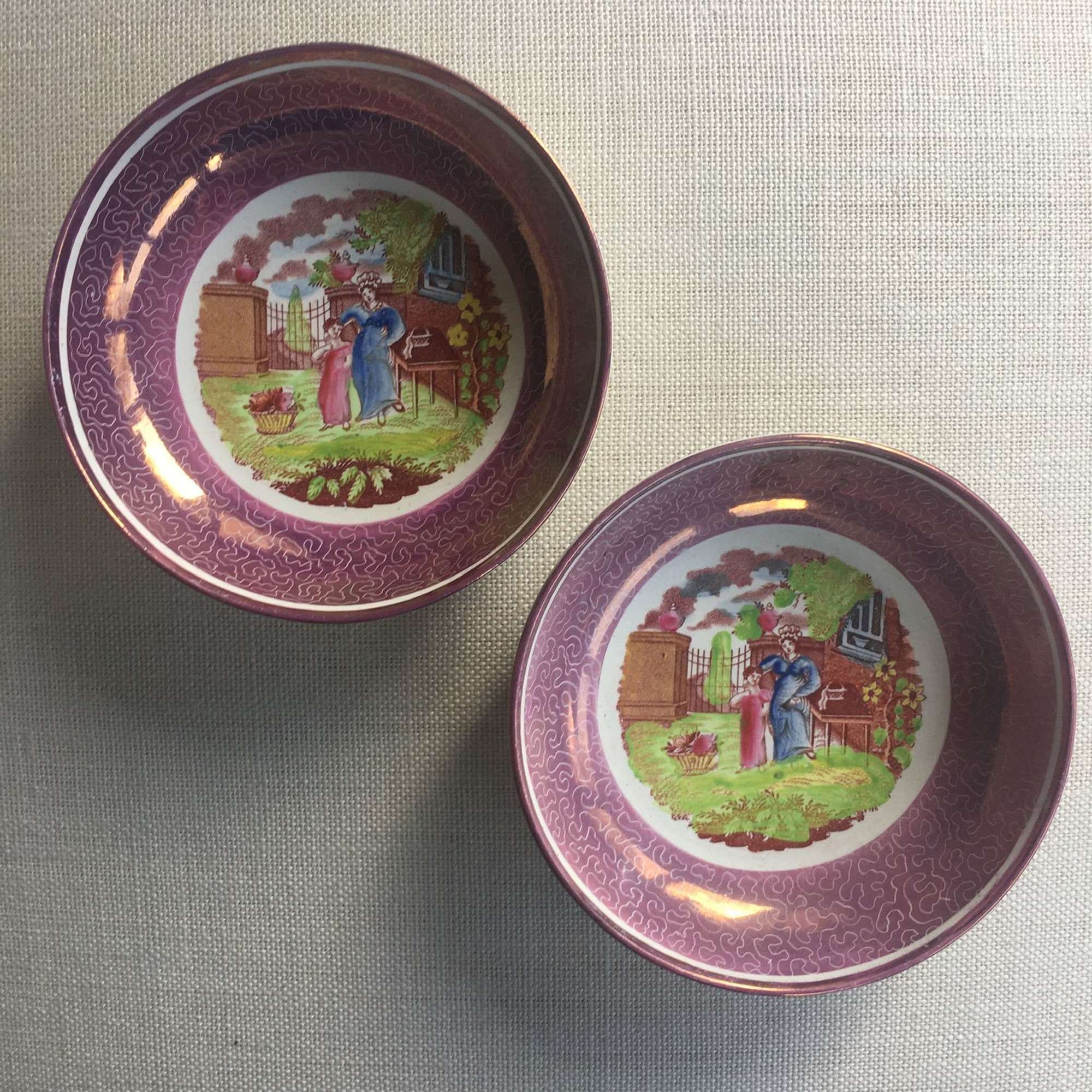 A pair of pink lustre ware dishes circa 1810