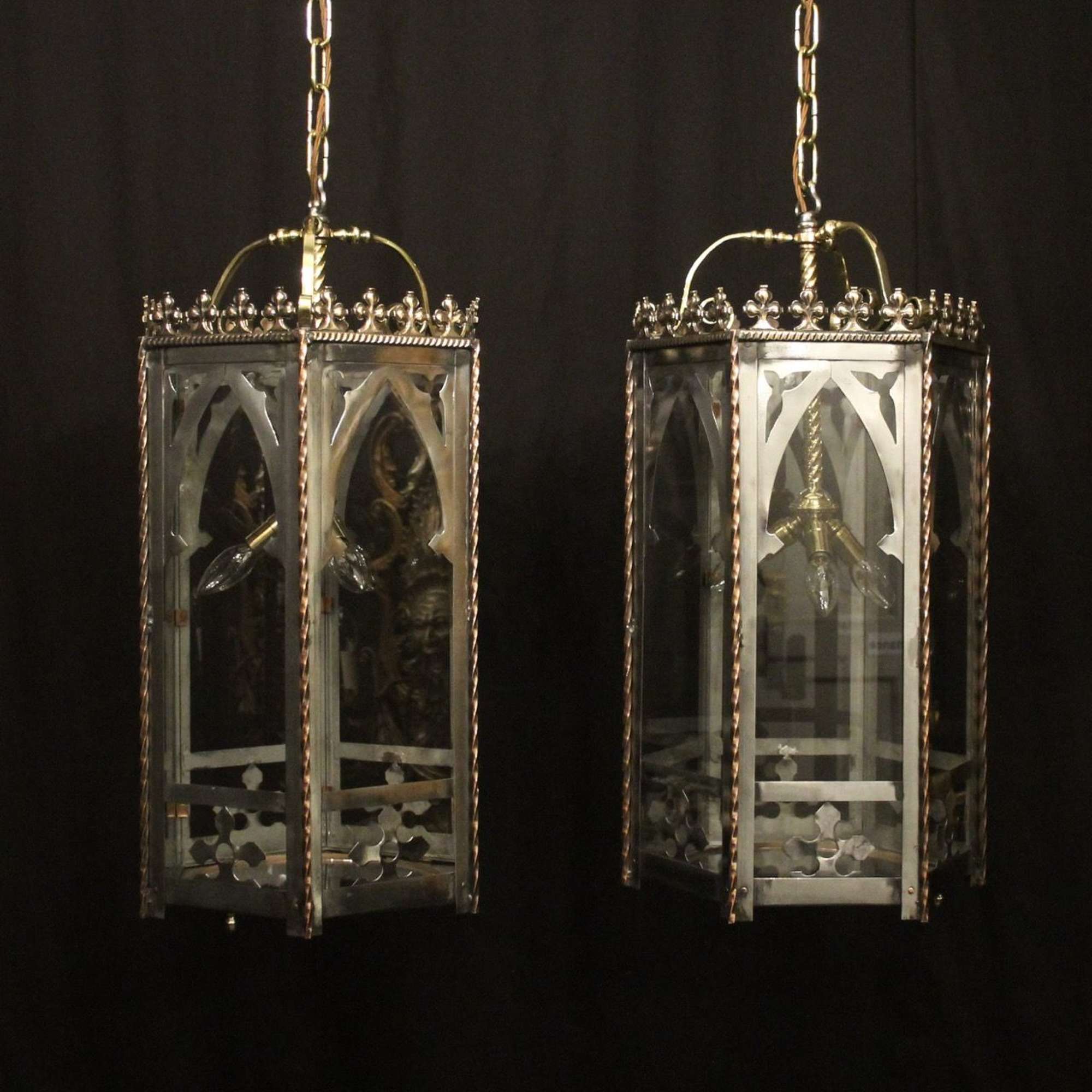 English Pair Triple Light Gothic Hall Antique Lanterns