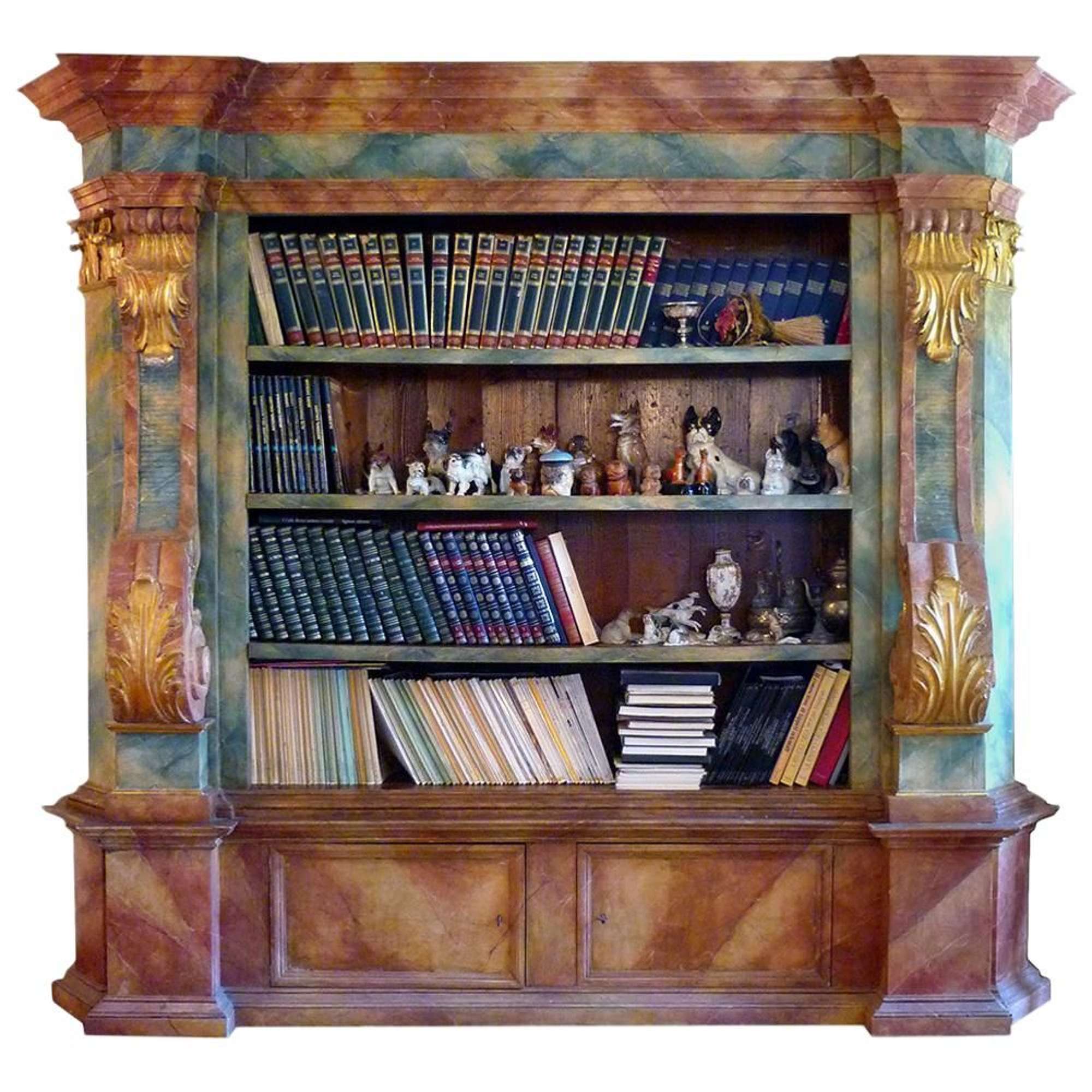 Exceptional Painted Antique Bookcase With Gold Leaf Carvings