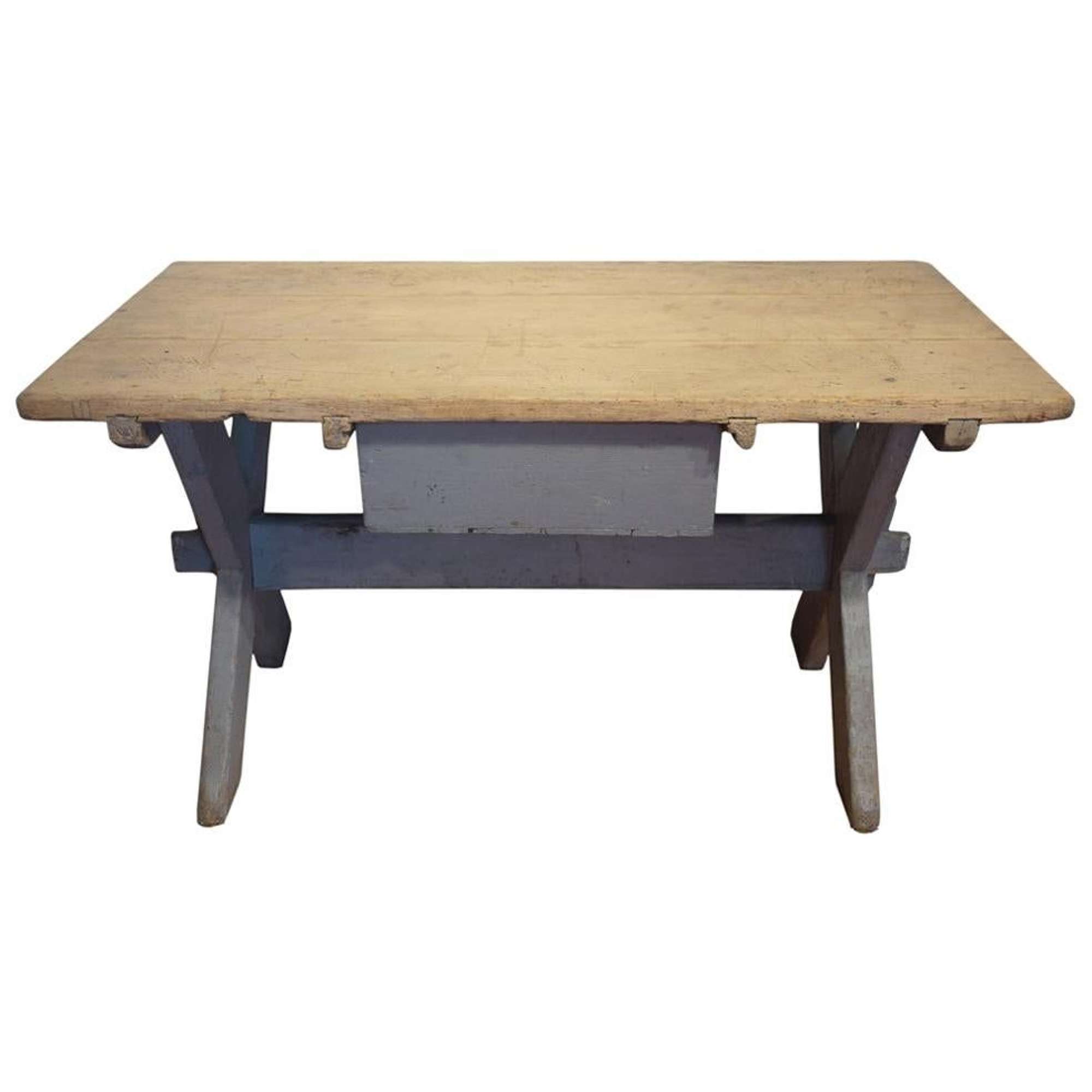 19th Century X-shaped Country Light Blue Fir Wood Table