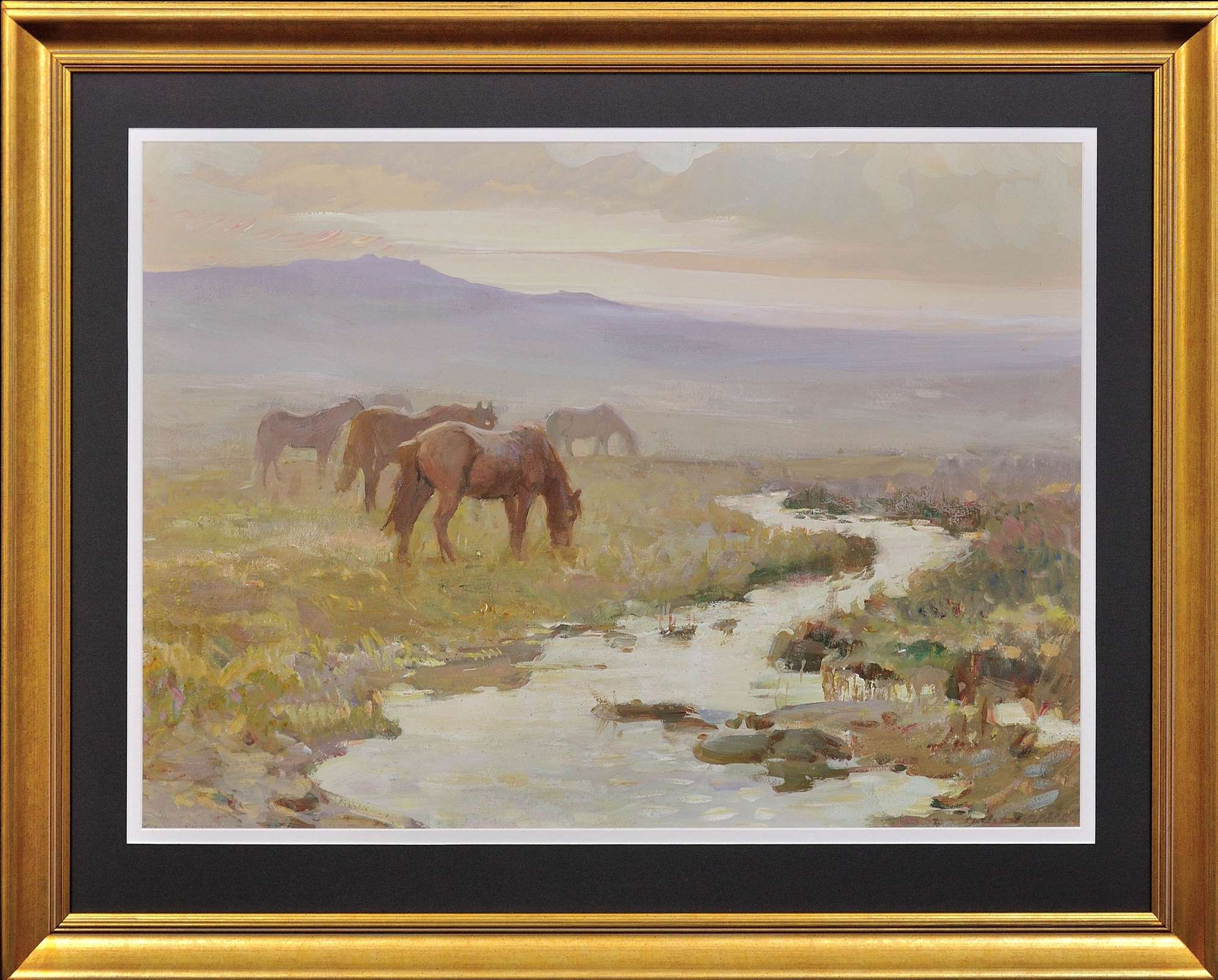 Charles Walter Simpson 1885 - 1971. English. Dartmoor Ponies. Oil on Board. Framed.