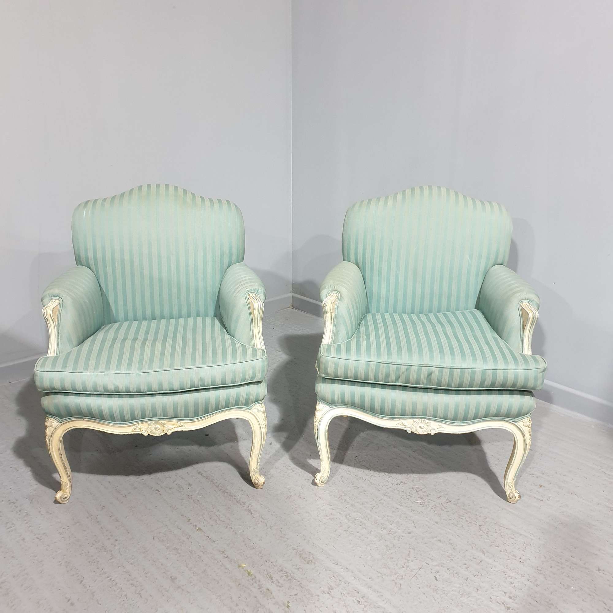 Pair French Painted Bergere Armchairs