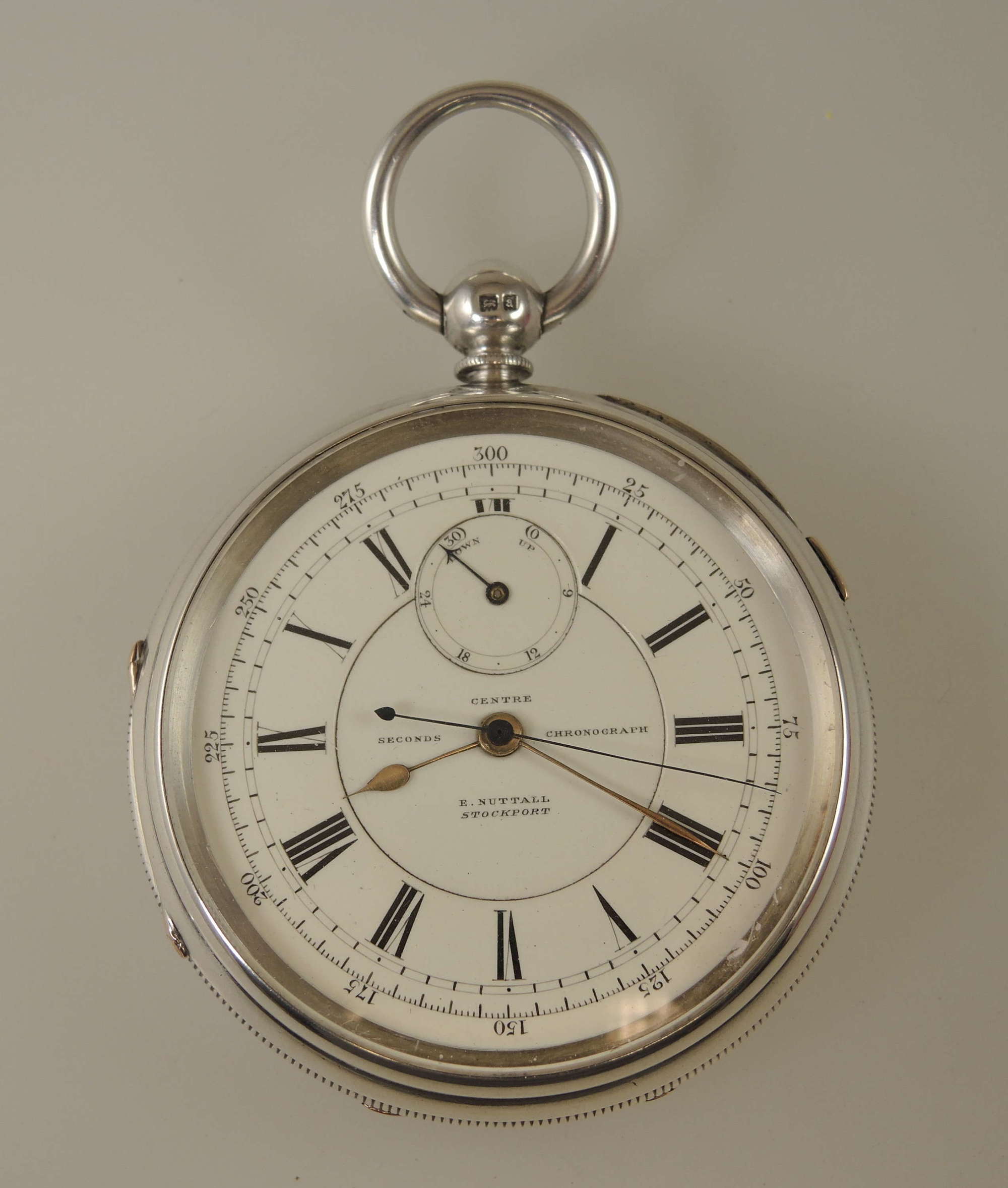 Large English silver fusee centre seconds with wind indicator c1901