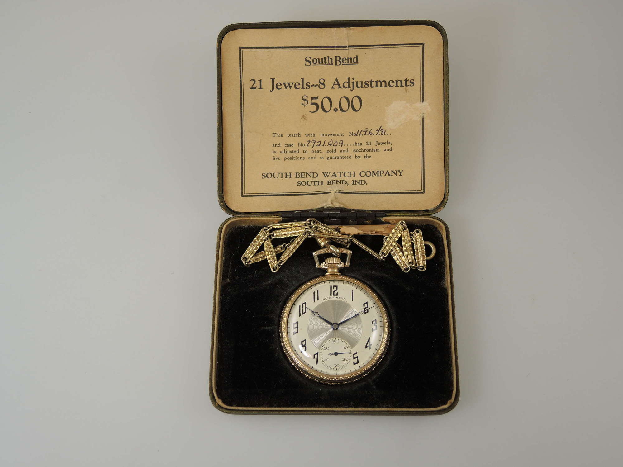 South Bend 21J STUDEBAKER pocket watch with orig box & chain c1927