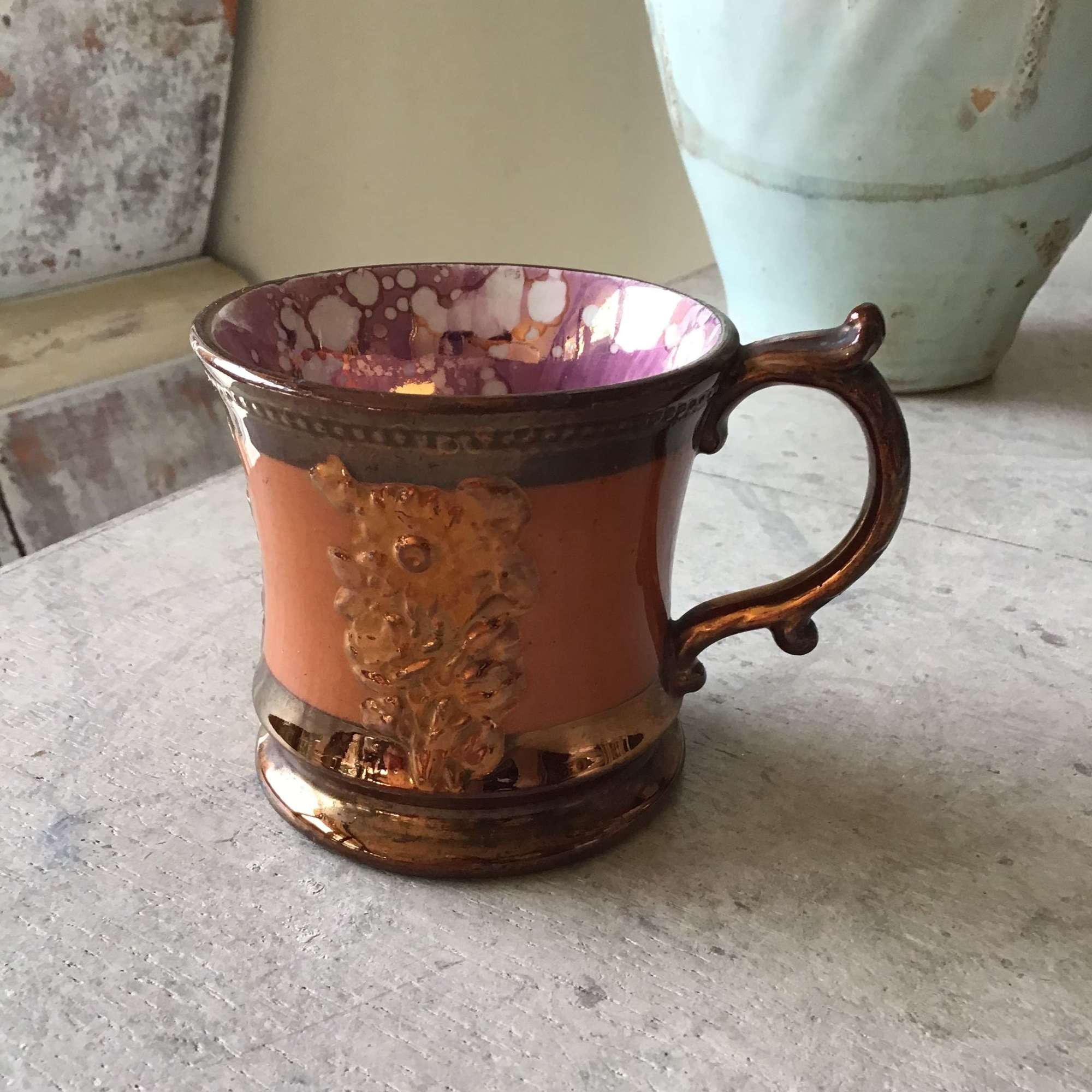 Antique copper lustre mug c 1800
