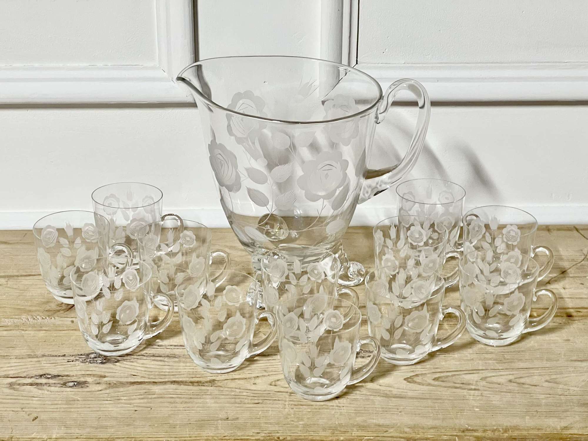 French Etched Crystal Cocktail Punch Jug & 12 Cups