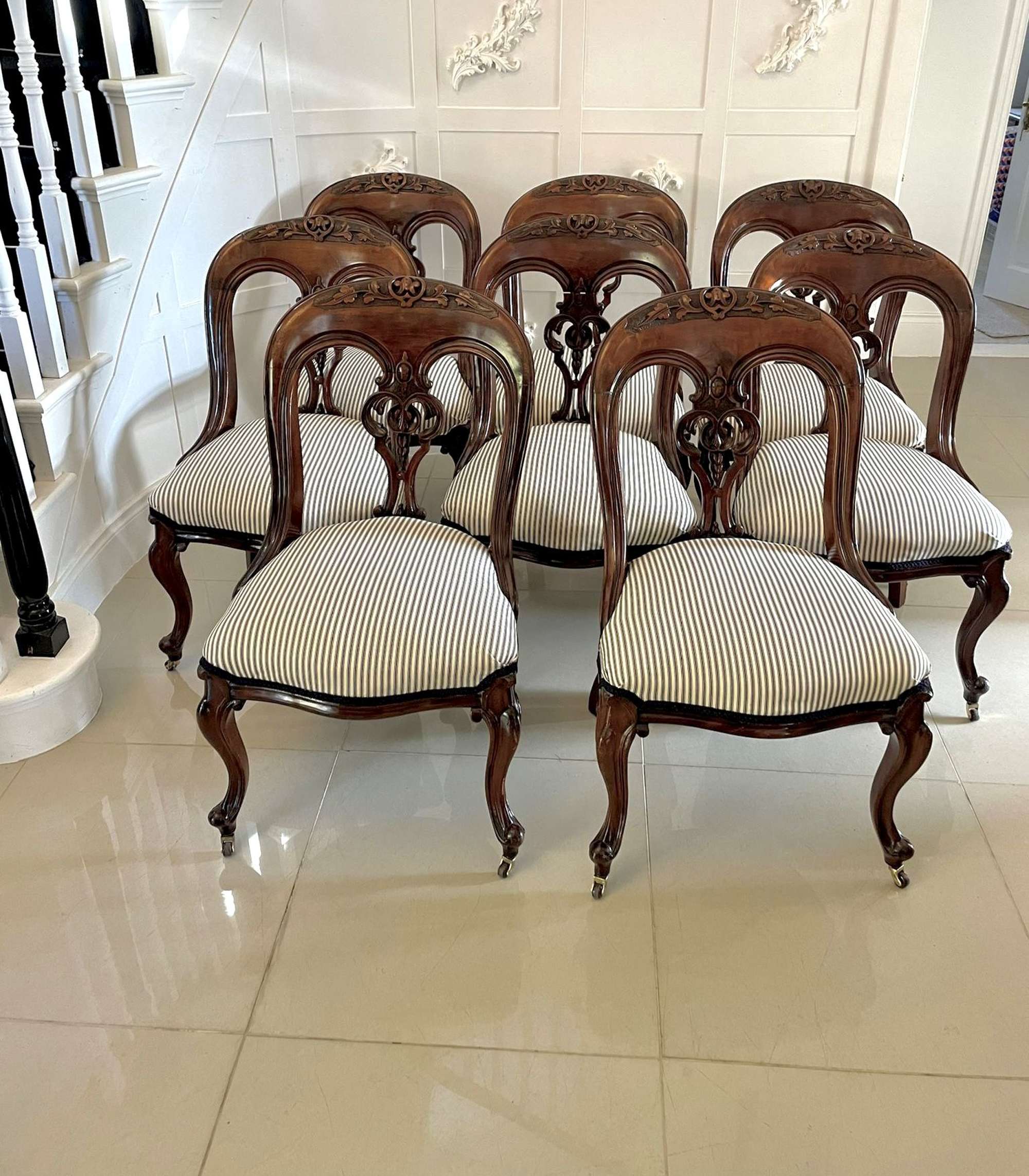 Unusual Set Of 8 Antique Victorian Quality Carved Mahogany Library/dining Chairs