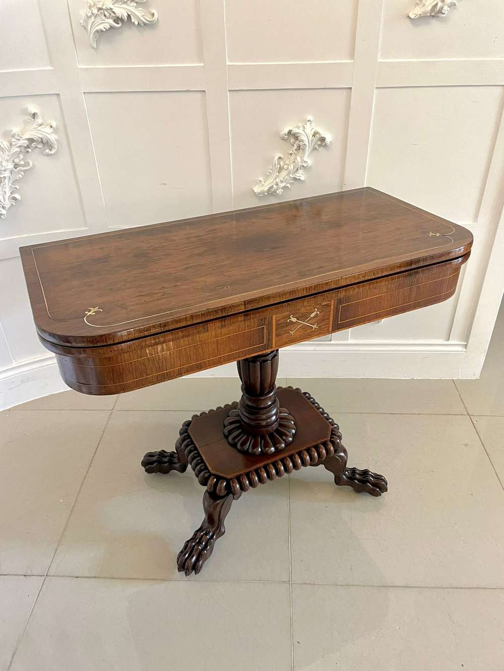 Fine Quality Antique Regency Carved Rosewood Brass Inlaid Card Table