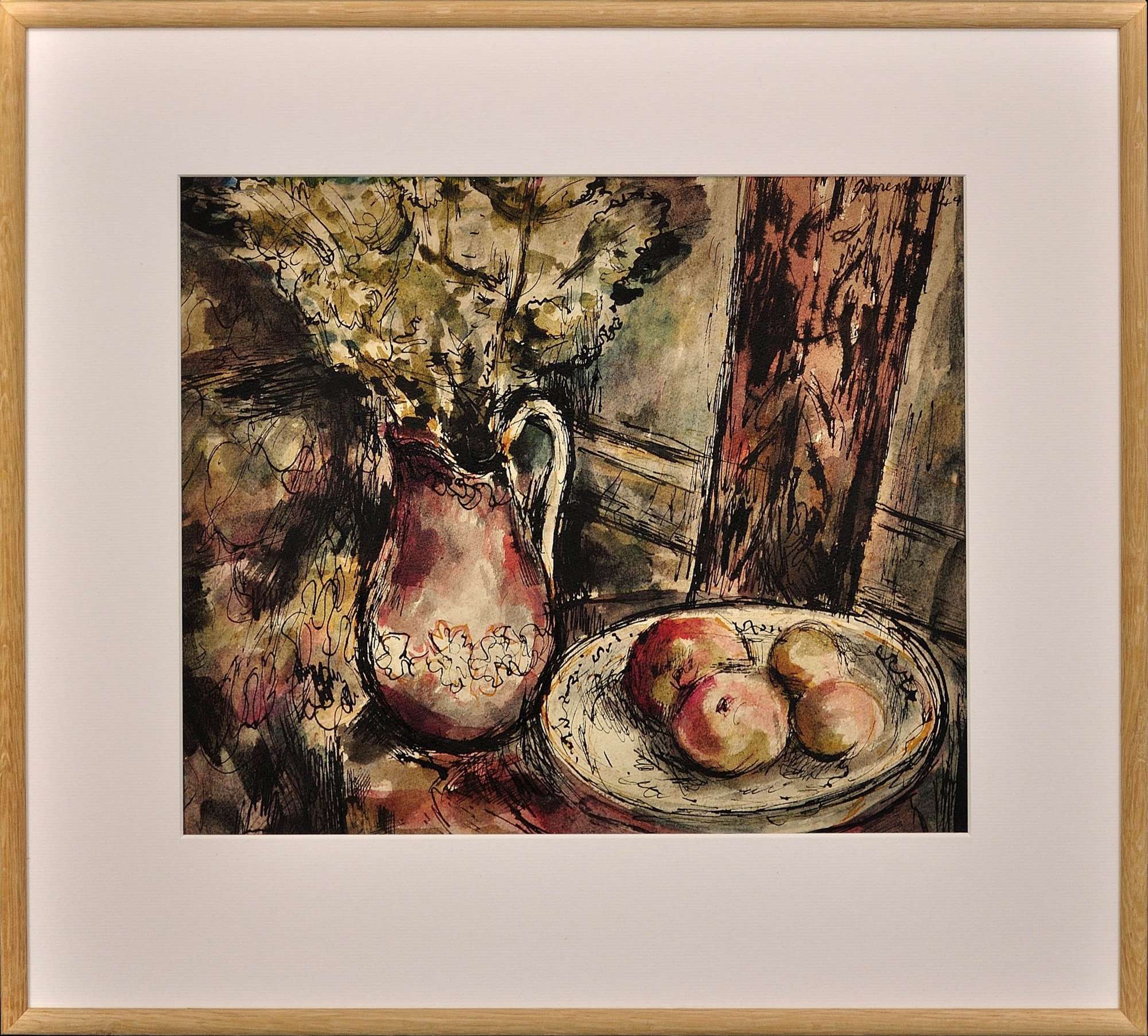 James Tower 1919-1988. English. Flowers, Jug & Bowl Of Apples 1944. Wartime Watercolour