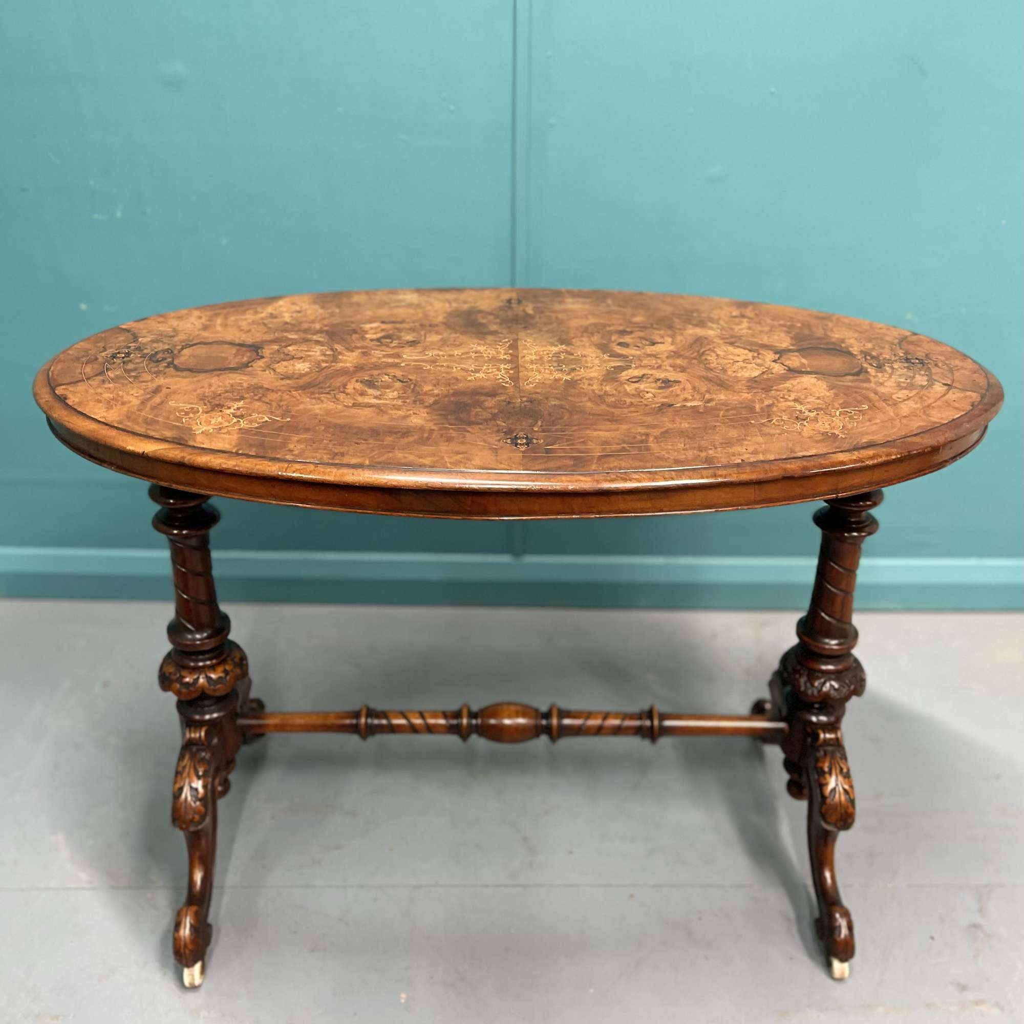 Burr Walnut Marquetry Oval Antique Console Table