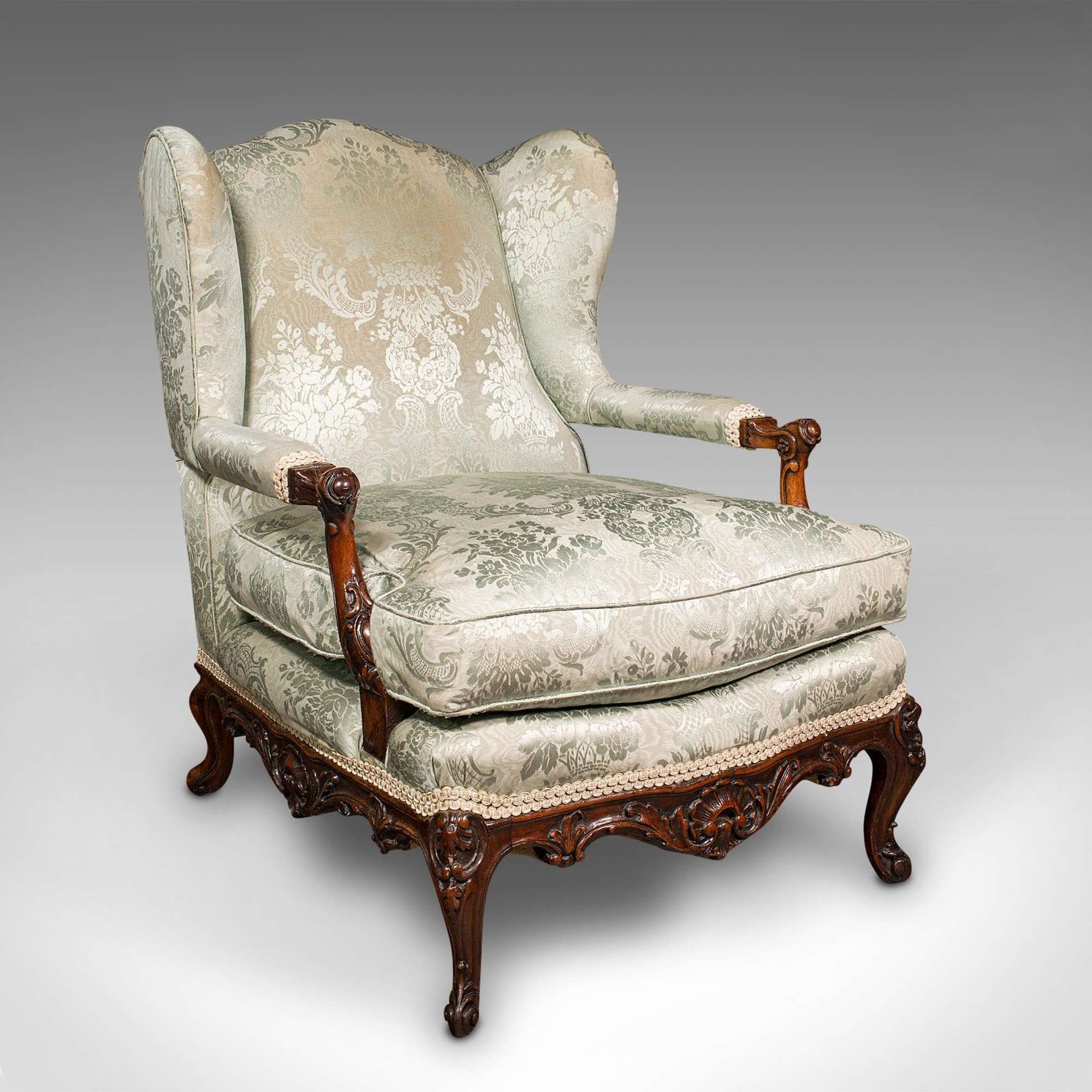 Antique Open Armchair, French, Walnut, Salon Chair, Damask Upholstery, Victorian